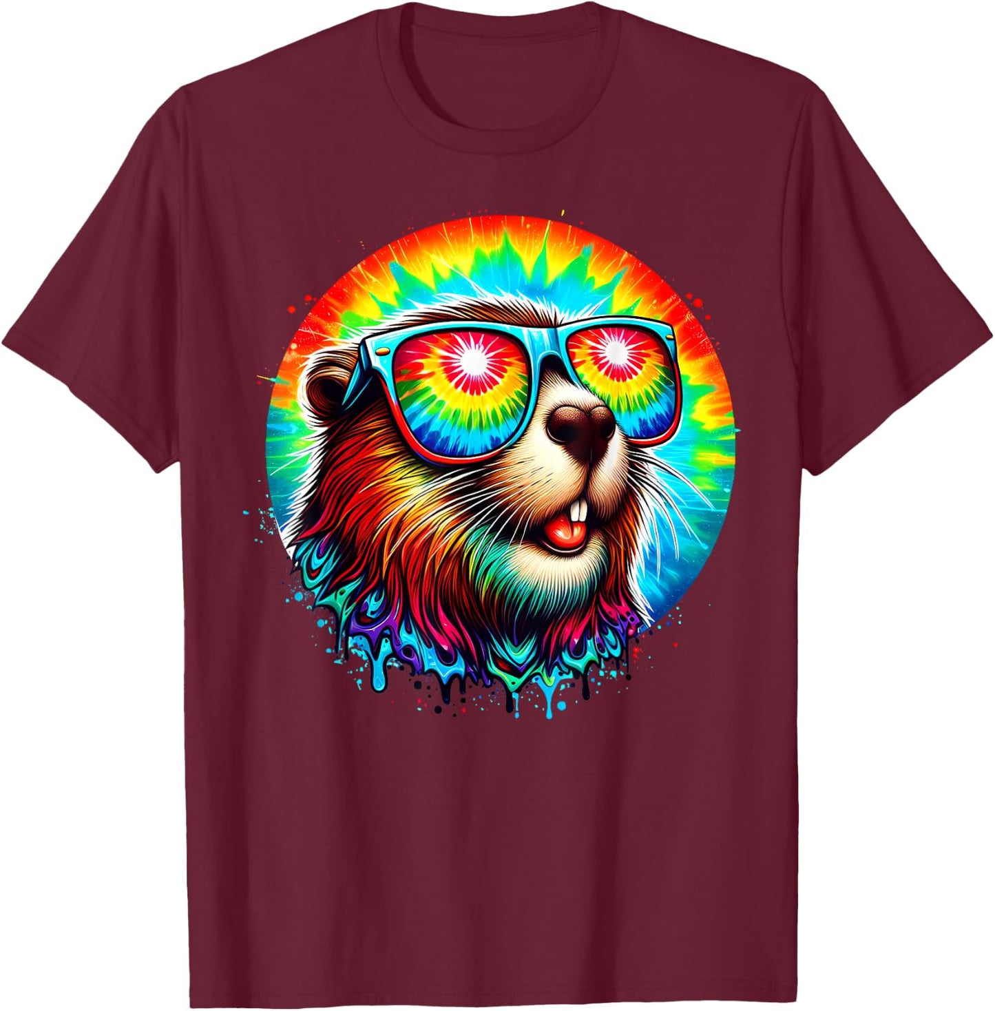 Cool Tie Dye Sunglasses Beaver Illustration Graphic Art T-Shirt - T-Shirt | Maroon