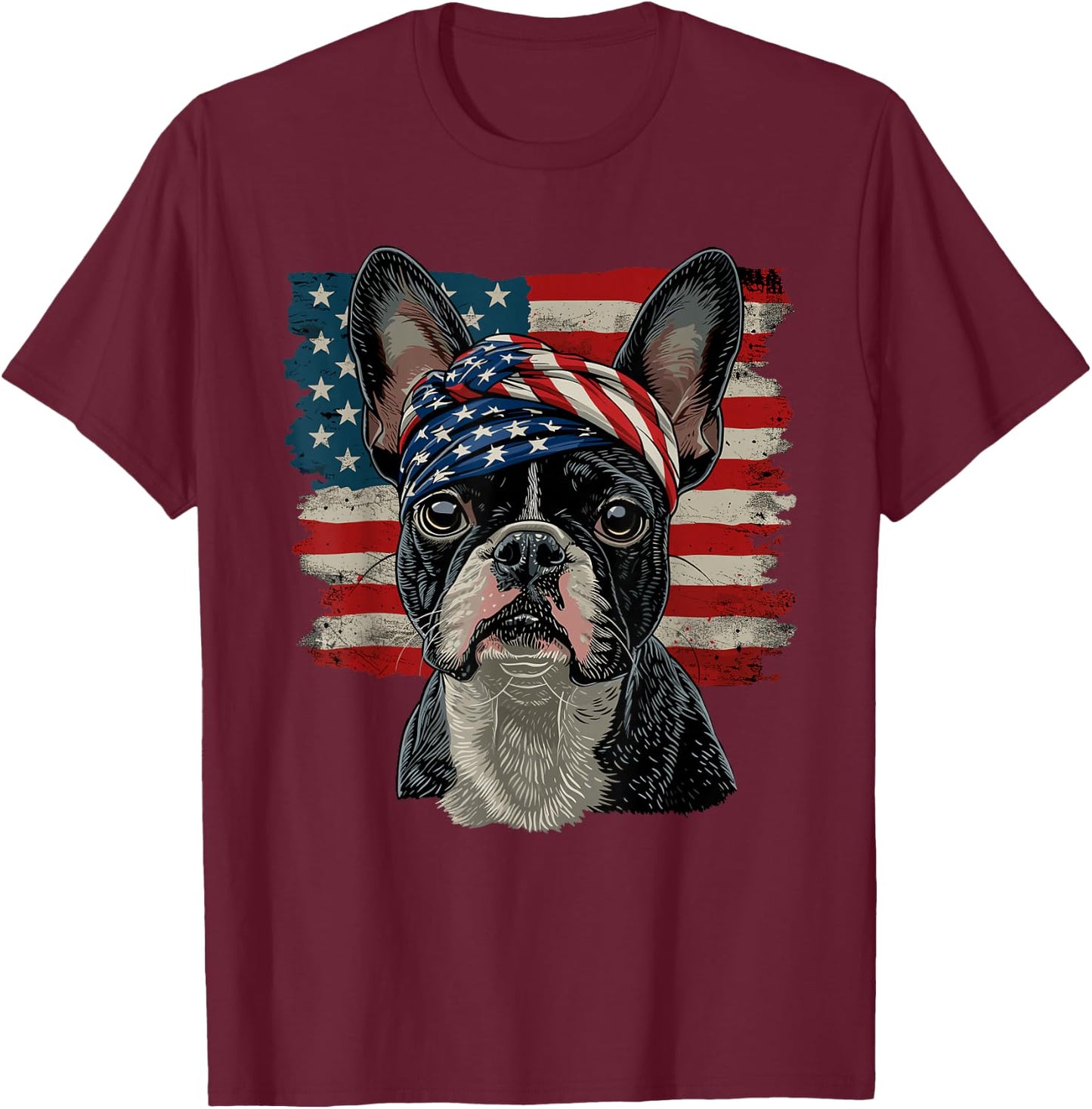 Boston Terrier Patriotic 4th Of July USA American Flag T-Shirt - T-Shirt | Maroon