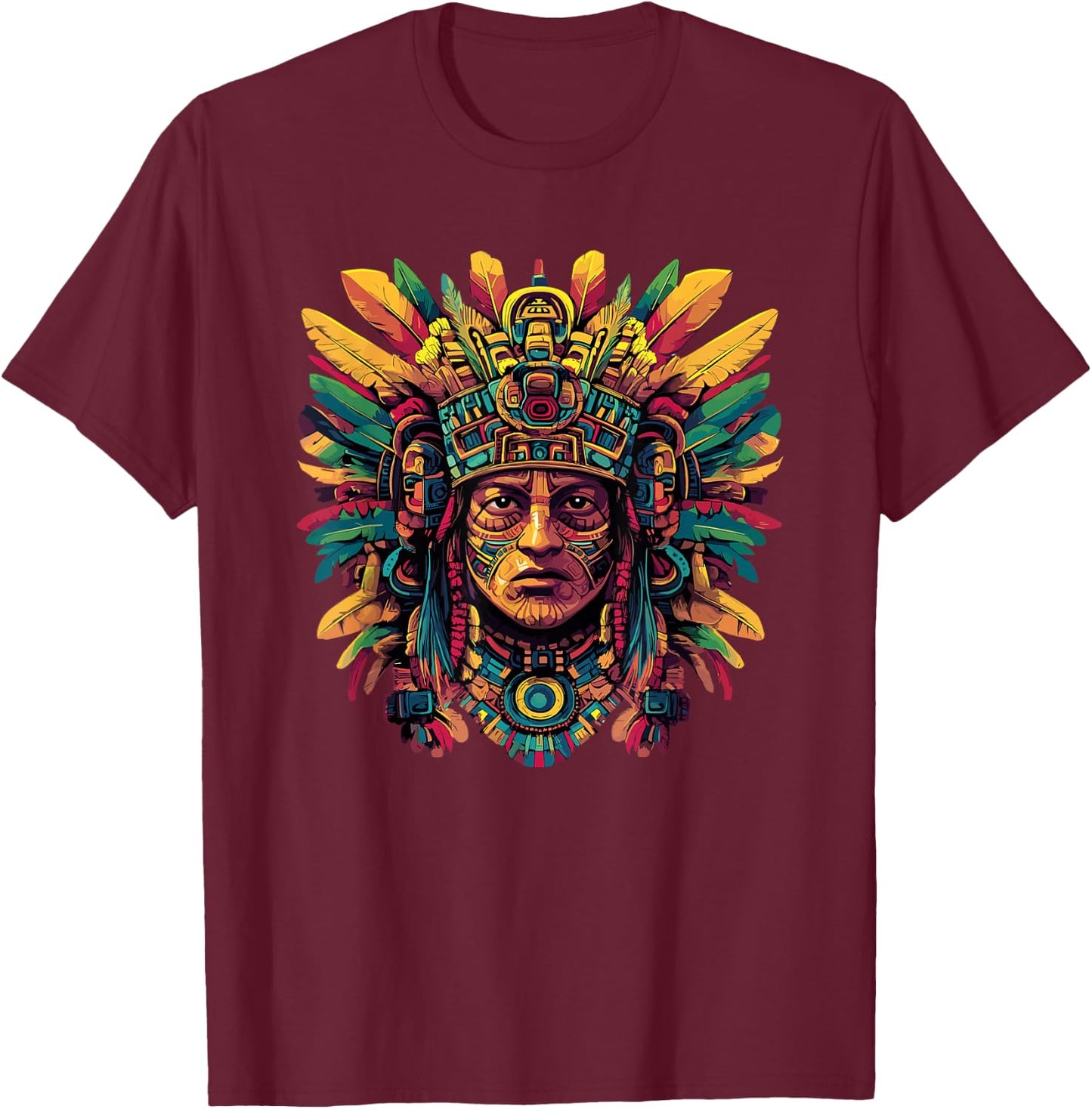 Tribal Aztec Warrior Sacred Feather Headdress T-Shirt - T-Shirt | Maroon