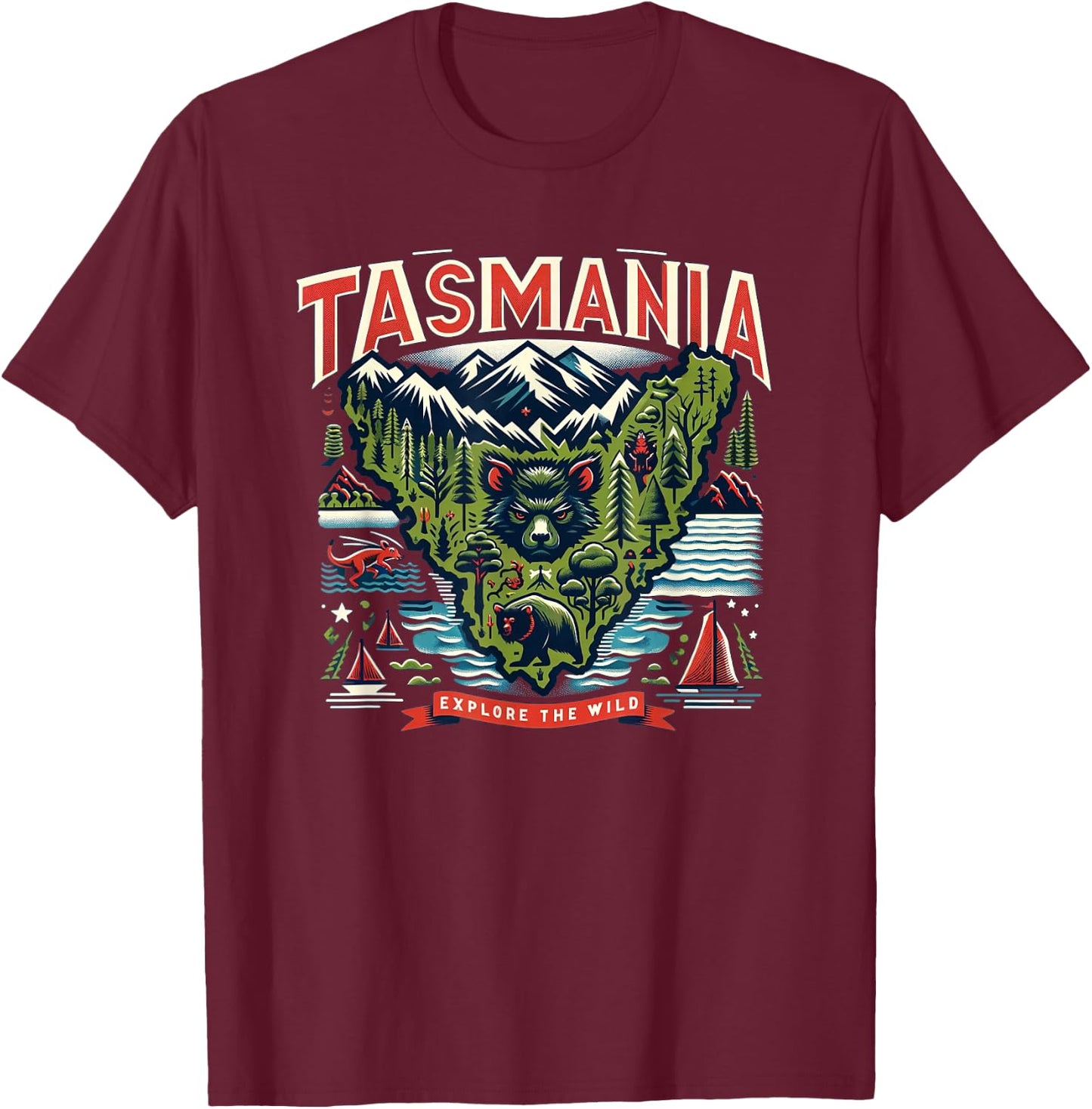 Tasmania Landscape Explore The Wild Travel T-Shirt - T-Shirt | Maroon