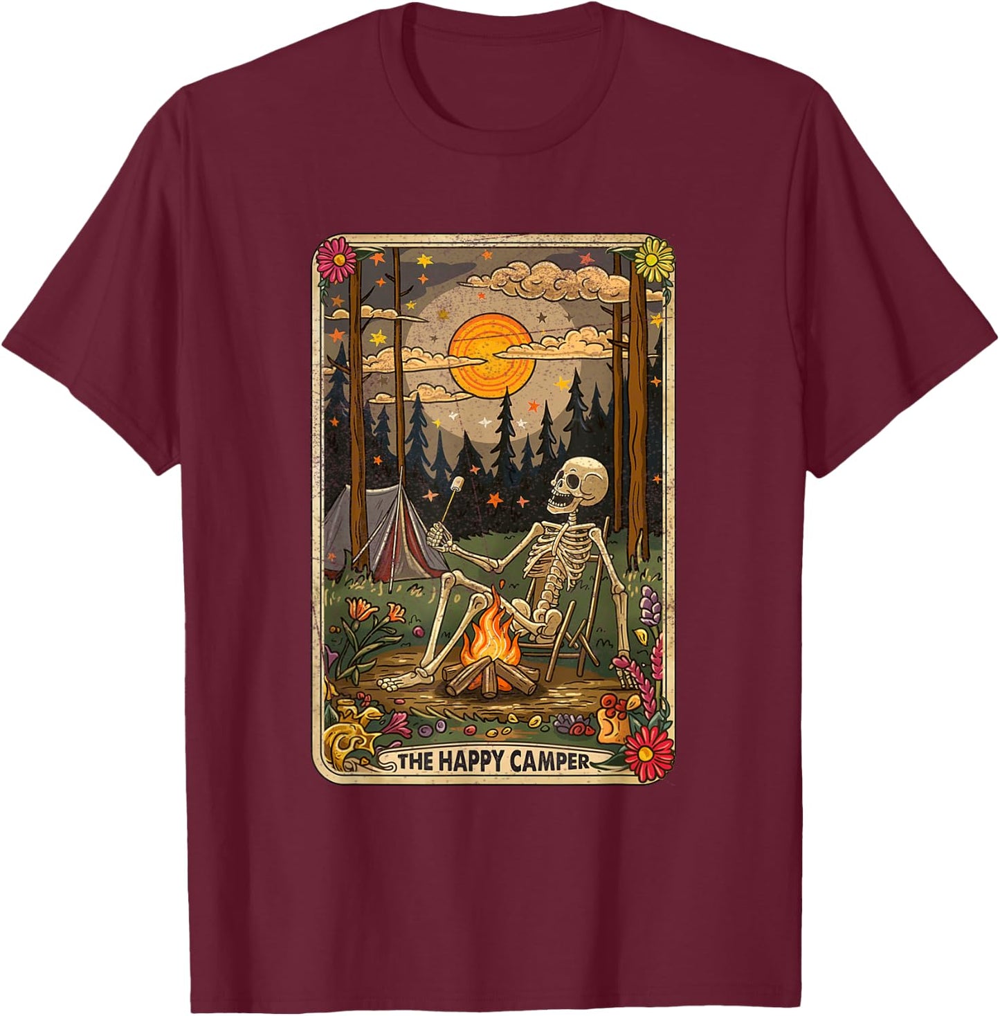 The Happy Camper Cute Skeleton Marshmallow Mystic Tarot Card T-Shirt - T-Shirt | Maroon