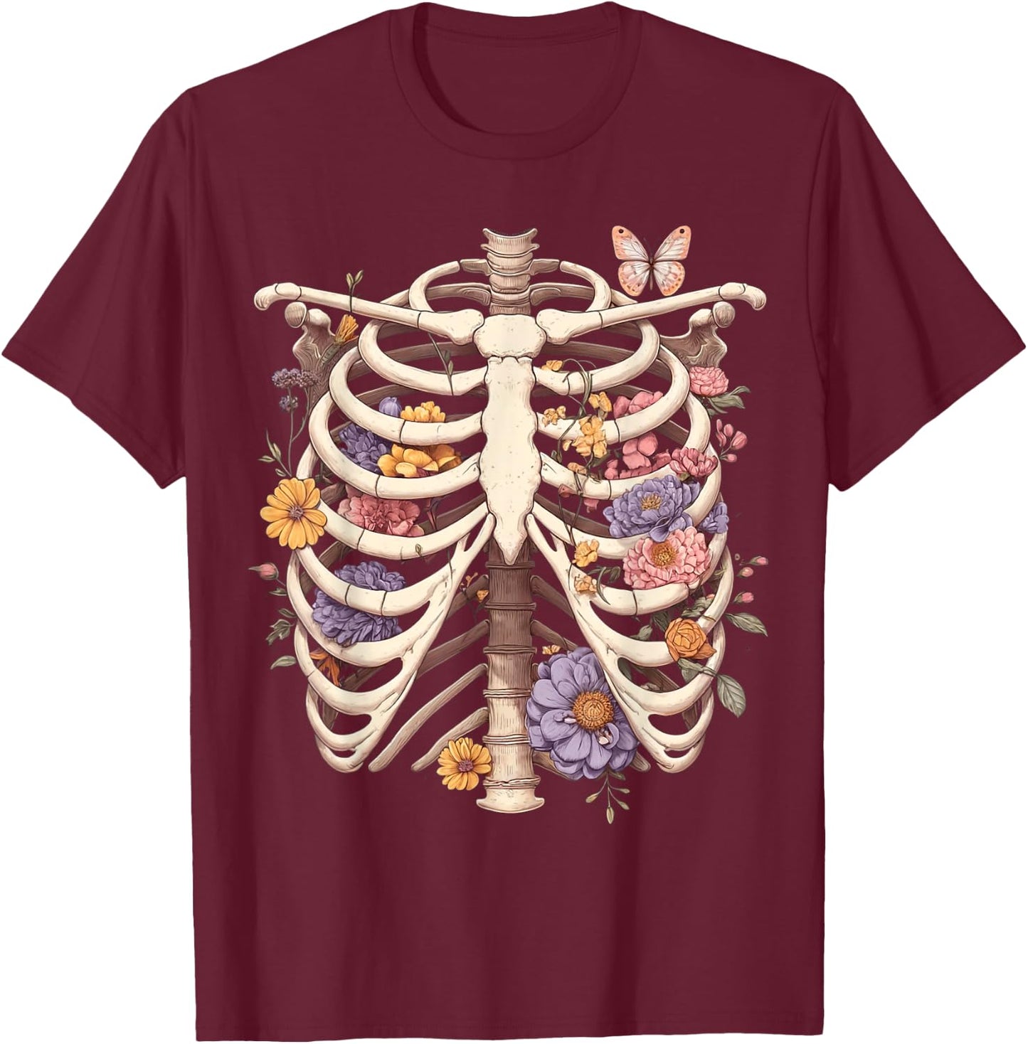 Goth Heart Ribcage with Butterflies and Flowers Skeleton T-Shirt - T-Shirt | Maroon