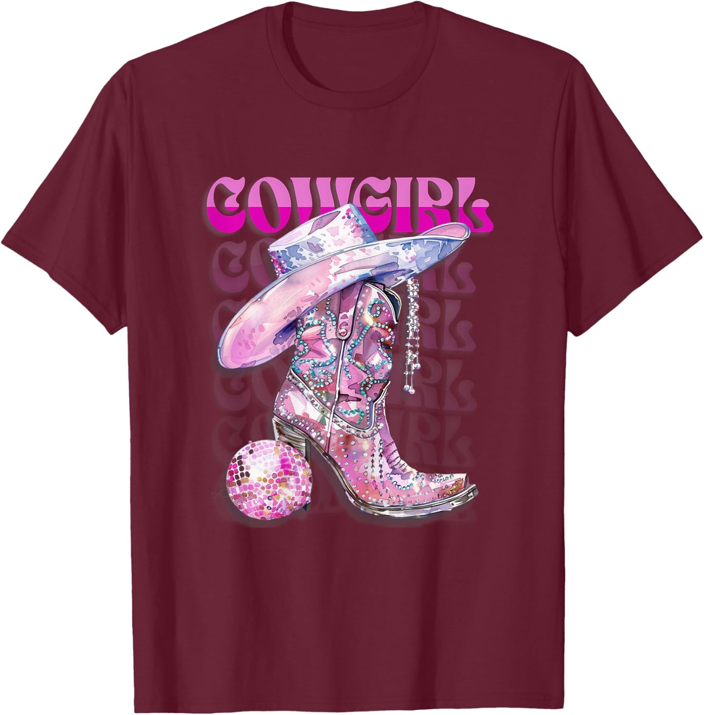 Pink Cowgirl Boots Disco Western Country Cow Girl Coastal T-Shirt - T-Shirt | Maroon