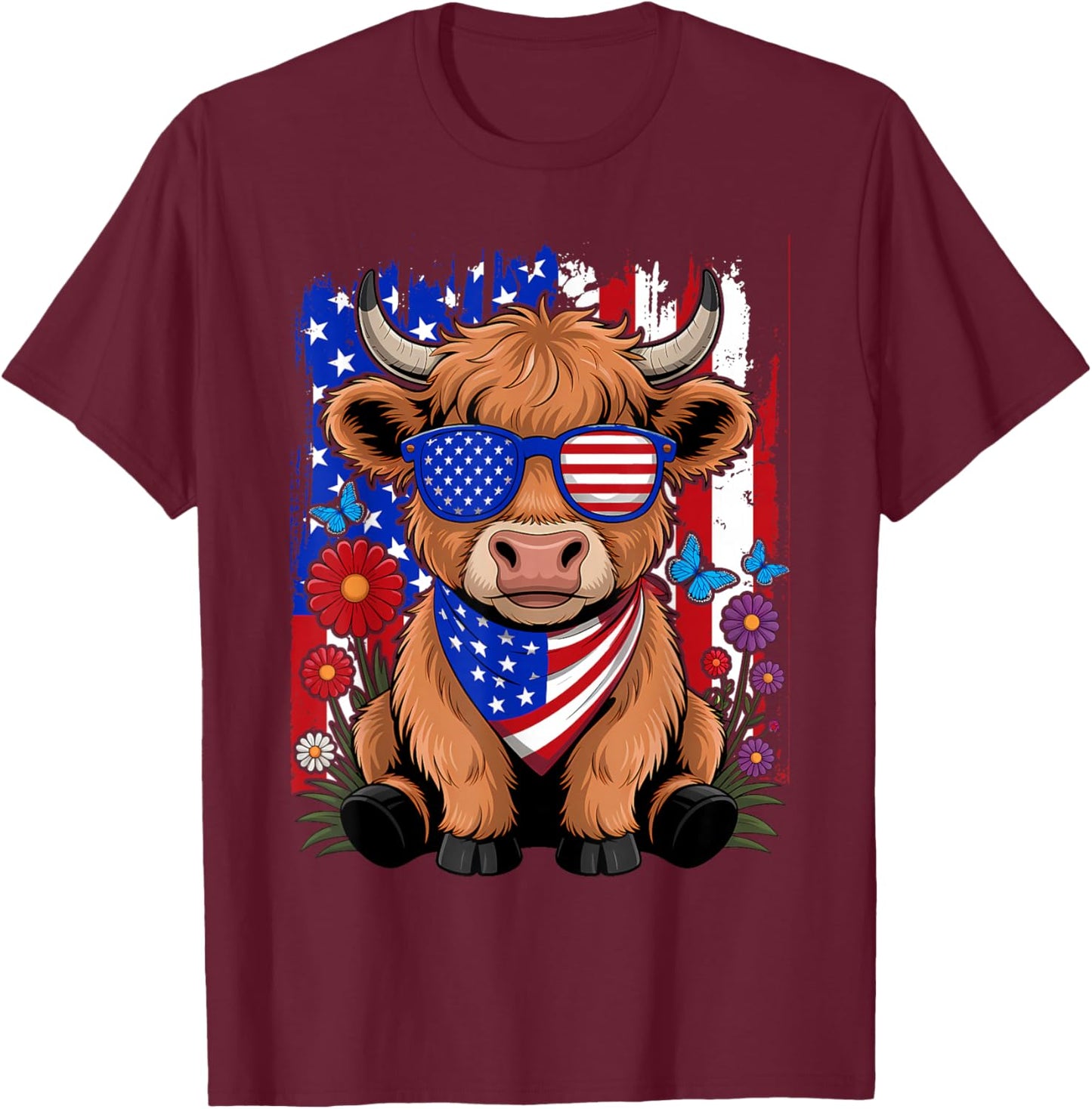Cute Highland Cow Florals 4th of July USA Flag Patriotic Cow T-Shirt - T-Shirt | Maroon