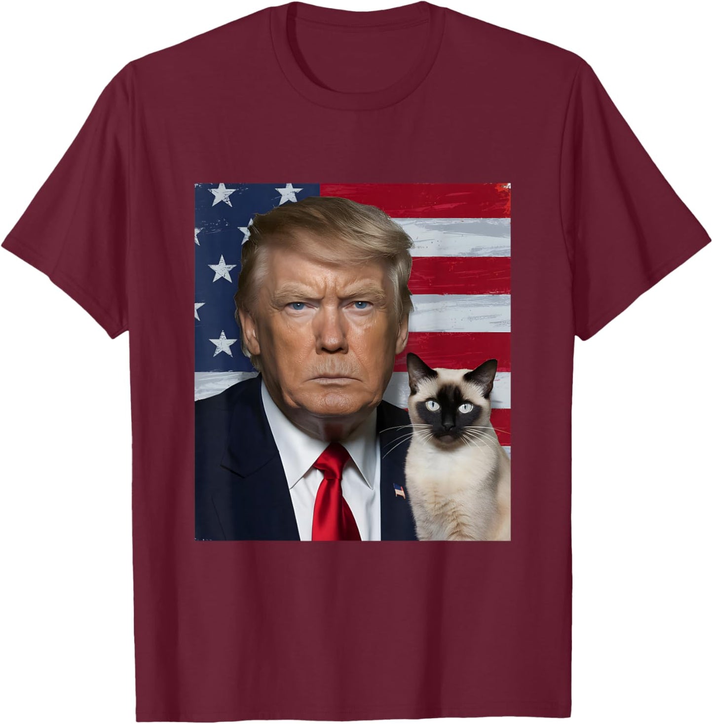 Funny Trump And Siamese Cat Political USA Flag Election 2024 T-Shirt - T-Shirt | Maroon
