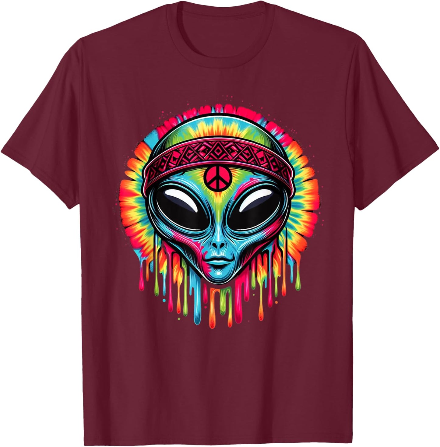 Tie-Dye Alien Peace Sign Funny Boho Hippie T-Shirt - T-Shirt | Maroon