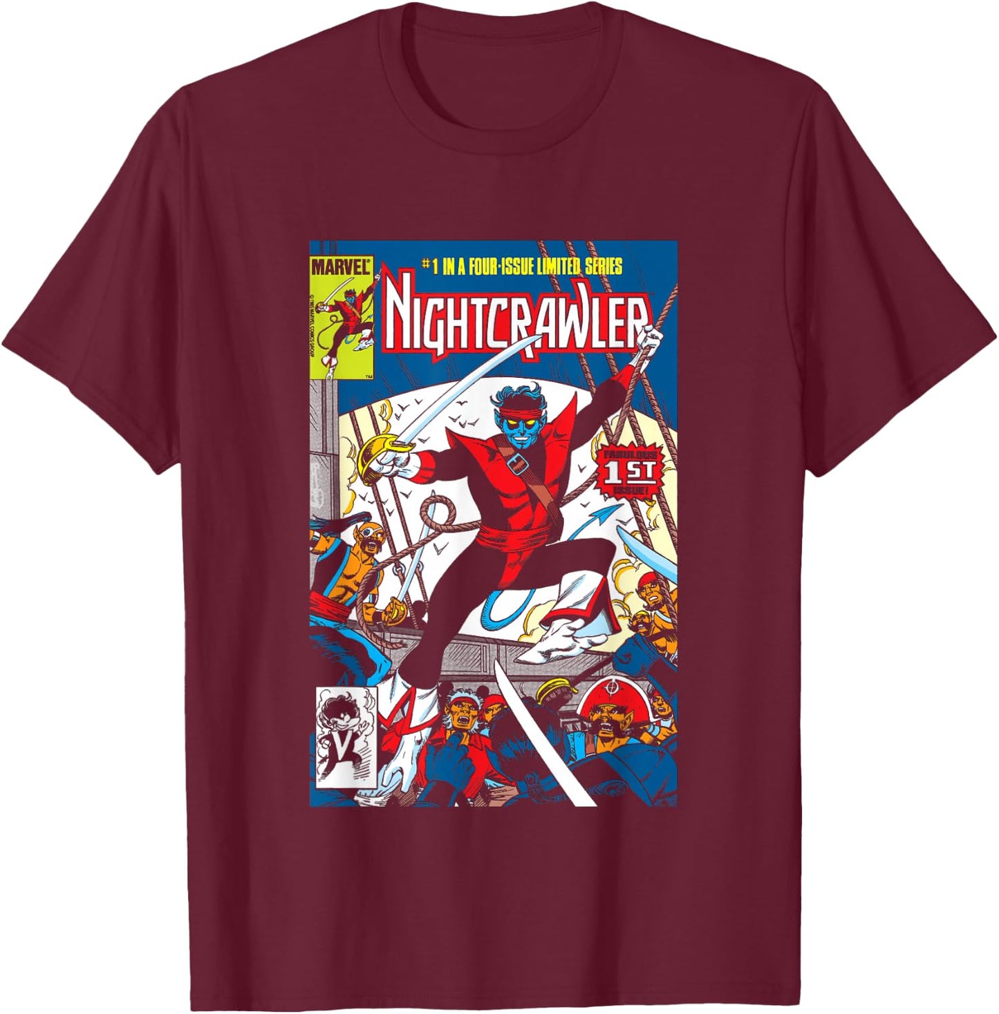 Marvel Comics Retro Classic Nightcrawler VS Pirates Cover T-Shirt - T-Shirt | Maroon