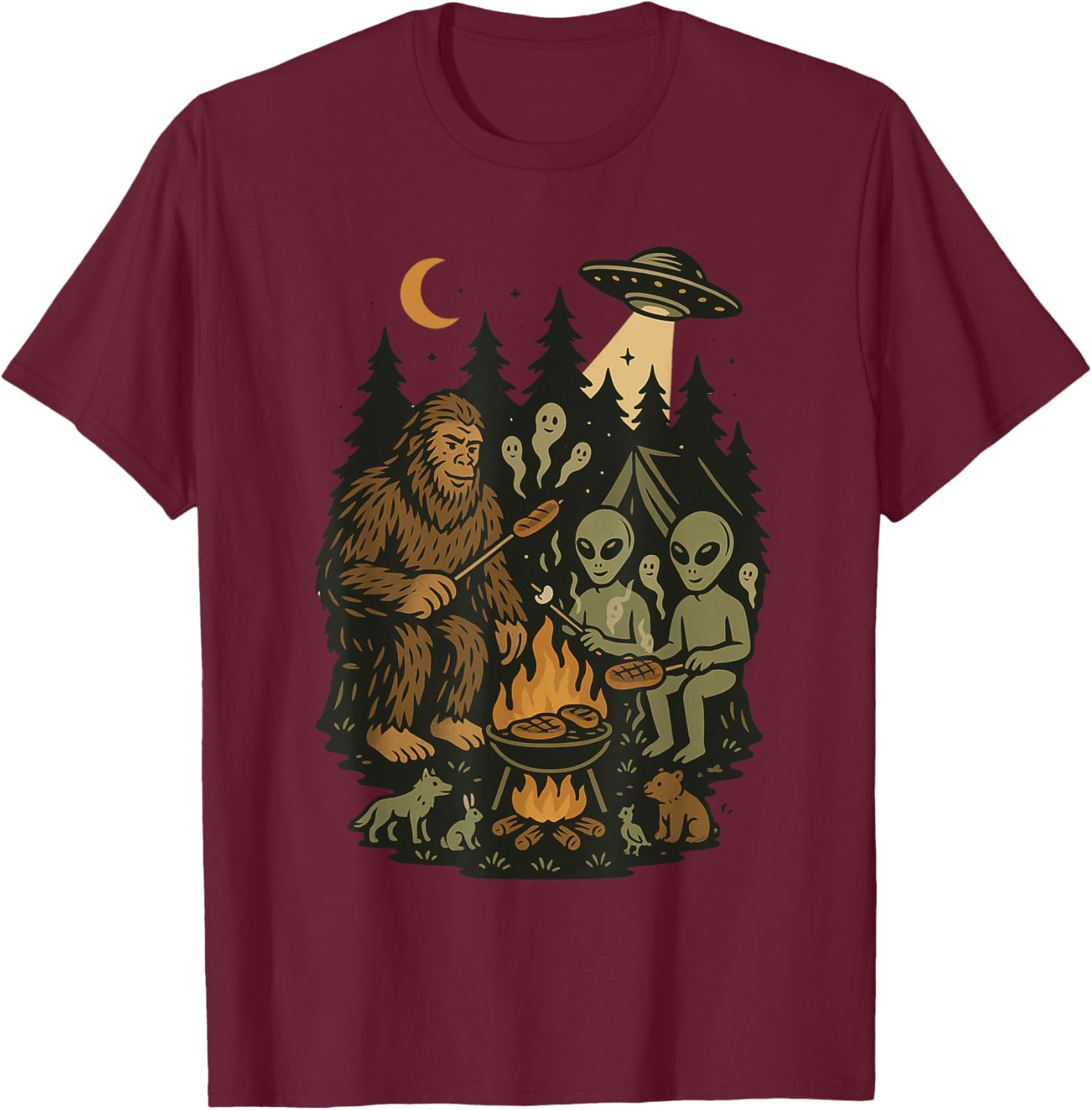 Bigfoot and Aliens Cooking in Forest with UFOs and Animals T-Shirt - T-Shirt | Maroon