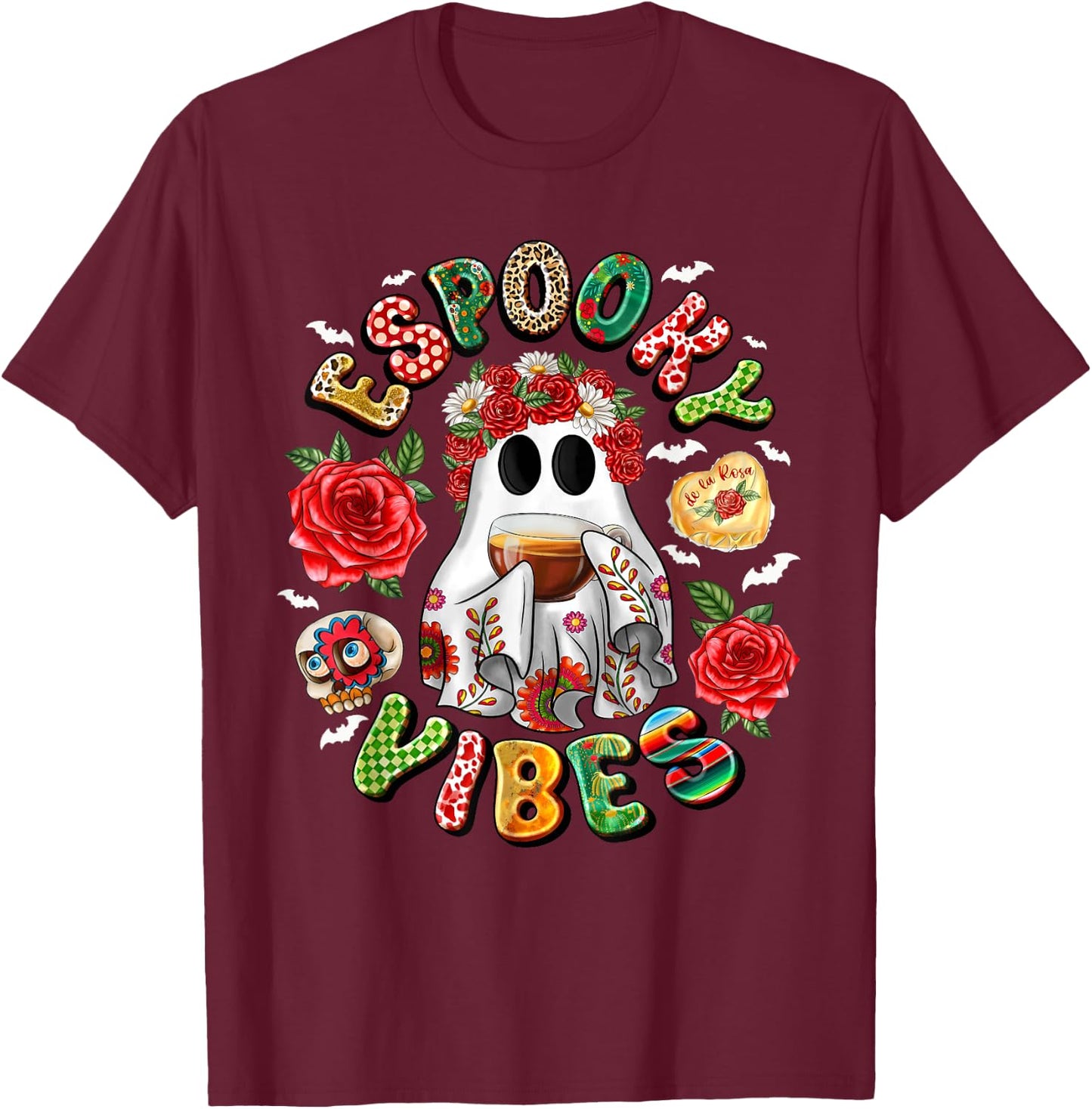 Espooky Vibes Mexican Ghost Day Of The Dead Dia De Muertos T-Shirt - T-Shirt | Maroon
