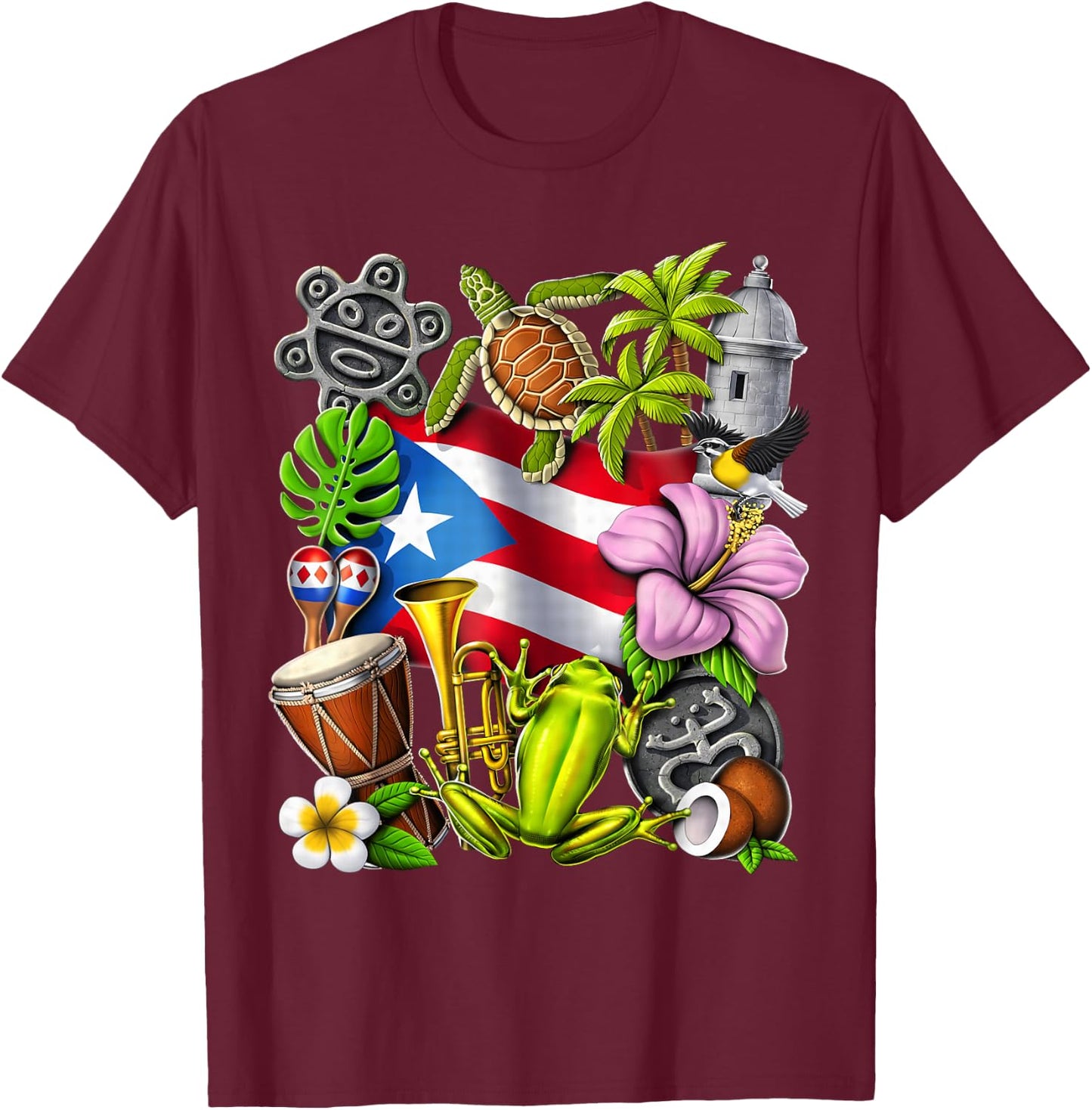 Puerto Rico Boricua Coqui Frog Taino Sun Puerto Rican Flag T-Shirt - T-Shirt | Maroon