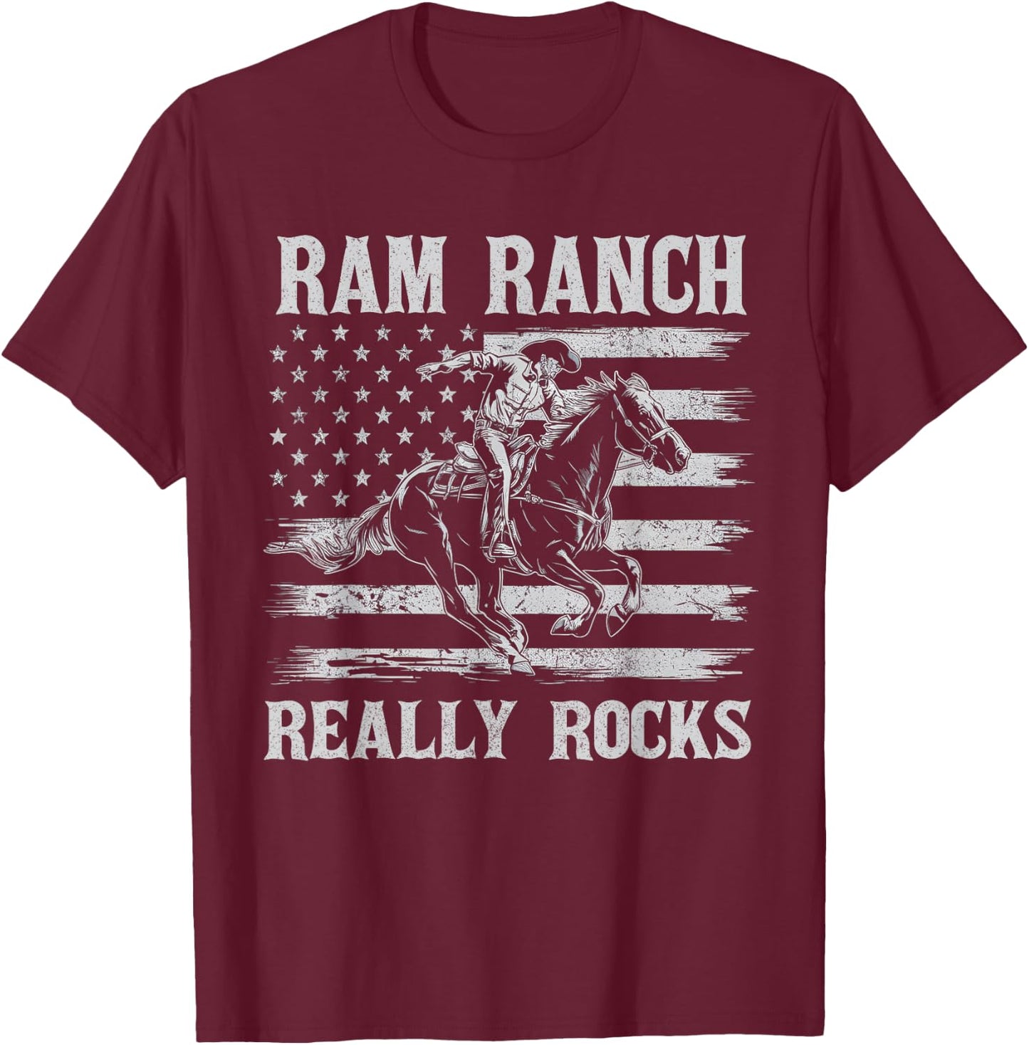 Ram Ranch Really Rocks Cowboy Horseback Vintage USA Flag T-Shirt - T-Shirt | Maroon