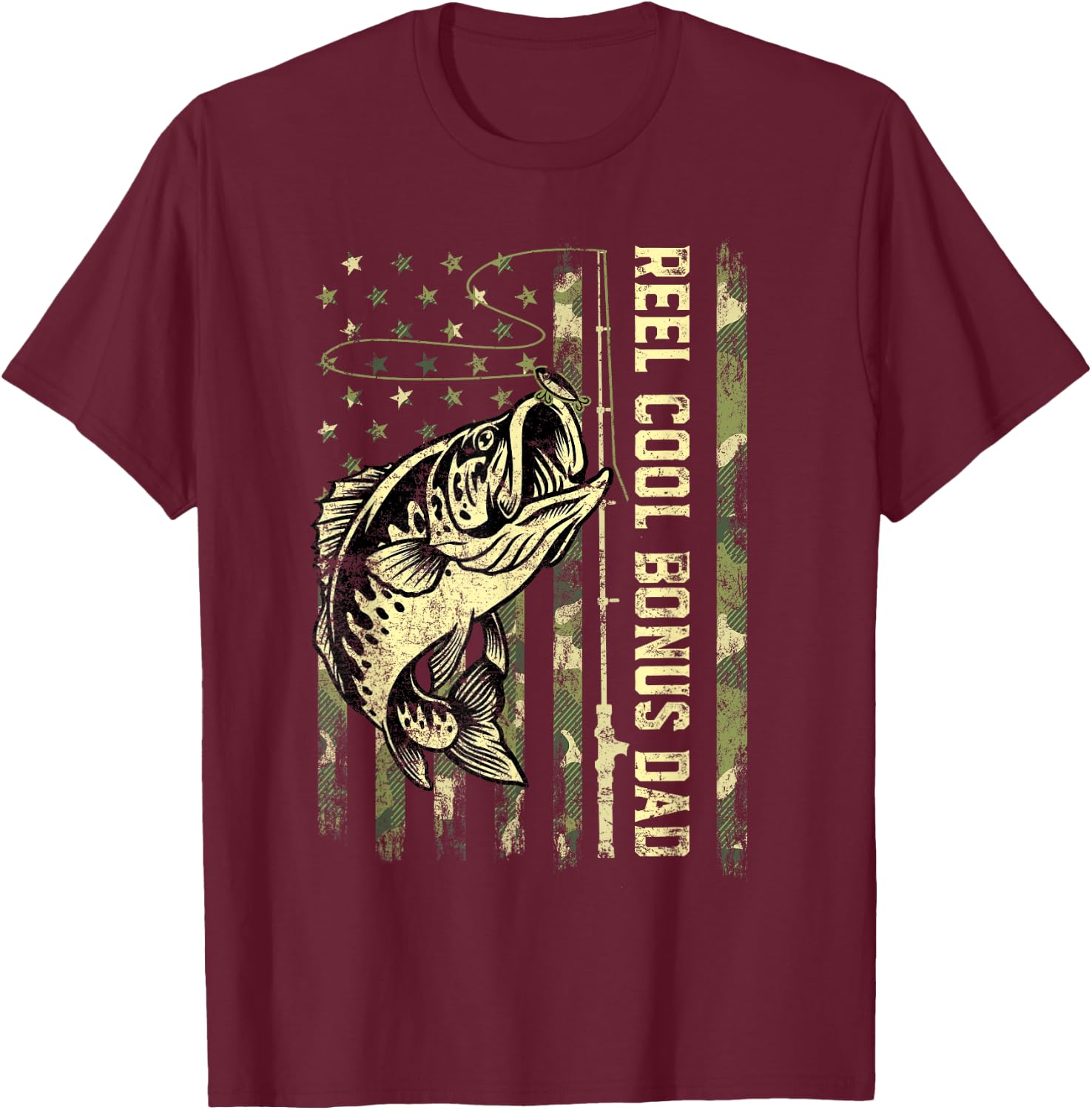Reel Cool Bonus Dad Fisherman Camouflage Father's Day T-Shirt - T-Shirt | Maroon