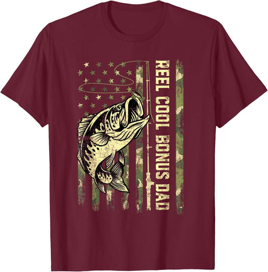 Reel Cool Bonus Dad Fisherman Camouflage Father's Day T-Shirt - T-Shirt | Maroon