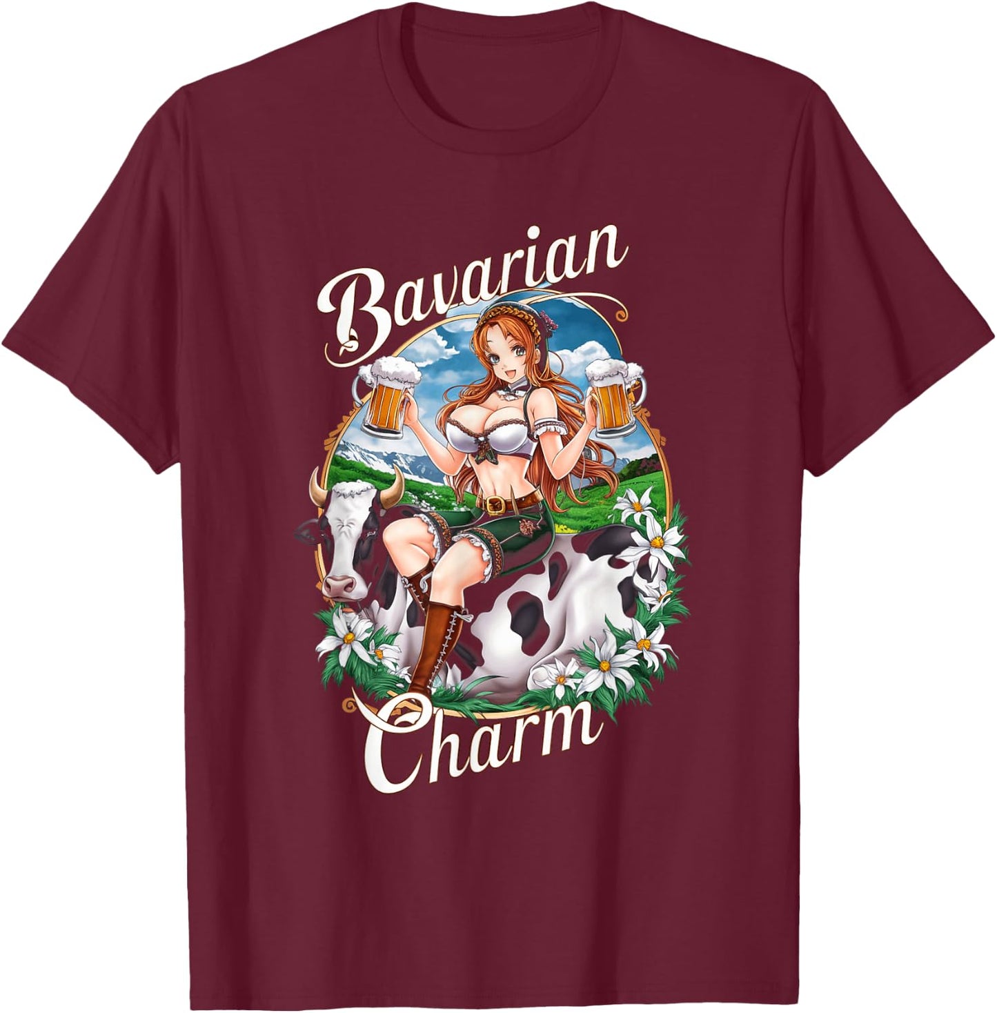 Bavarian Anime Girl with Beer Mugs German Manga T-Shirt - T-Shirt | Maroon