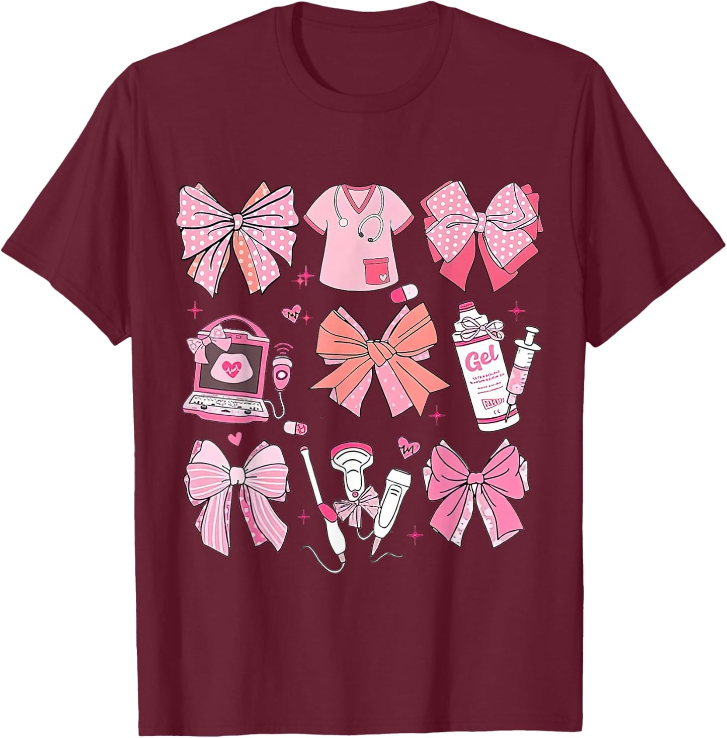 Coquette Pink Bow Ultrasound Tech Coquette T-Shirt - T-Shirt | Maroon