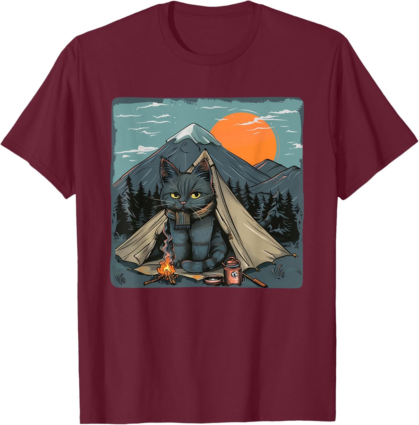 Awesome Nature Camping Cat with nice Mountains and Sunset T-Shirt - T-Shirt | Maroon