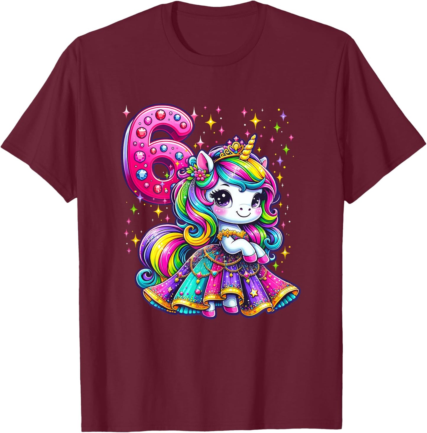 Unicorn Princess 6th Birthday 6 Year Old Party Girls Outfit T-Shirt - T-Shirt | Maroon