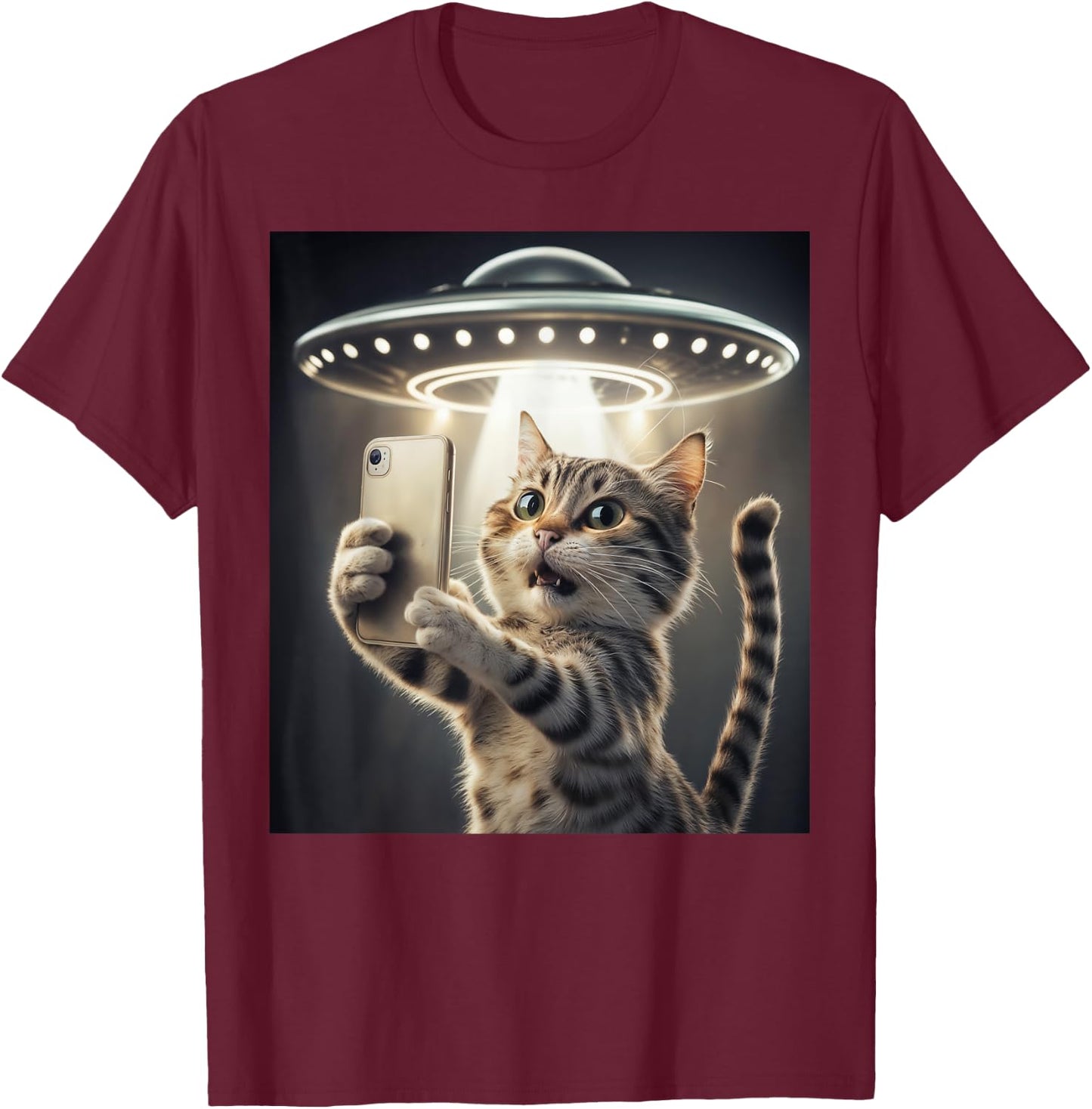 Cat Taking A Selfie With A UFO Cute And Funny T-Shirt - T-Shirt | Maroon