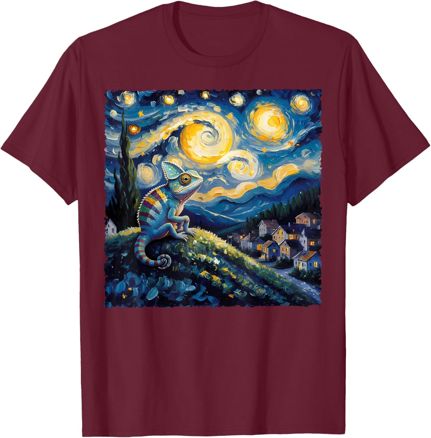 Van Gogh Style Funny Chameleon Lover Starry Night Painting T-Shirt - T-Shirt | Maroon