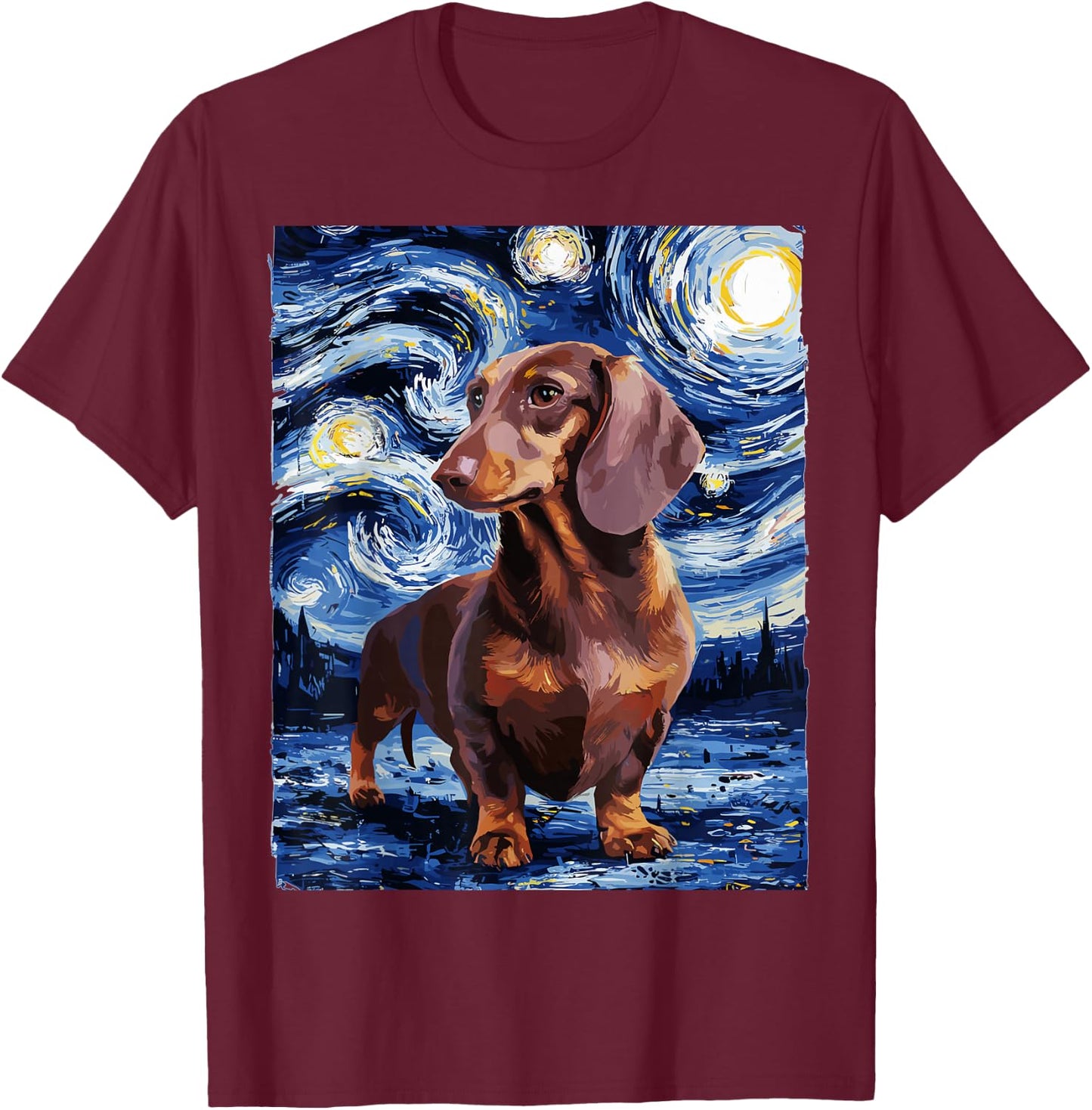 Gifts For Dachshund Dog Lovers Van Gogh Style Starry Night Men Women Girls Kids T-Shirt - T-Shirt | Maroon