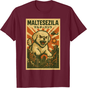 MALTESEZILA Parody Japanese Art Maltese Dog Mom Dad Design T-Shirt - T-Shirt | Maroon