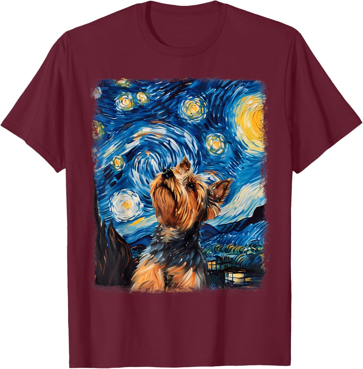 Yorkshire Terrier Dog Yorkie Starry Night Painting T-Shirt - T-Shirt | Maroon