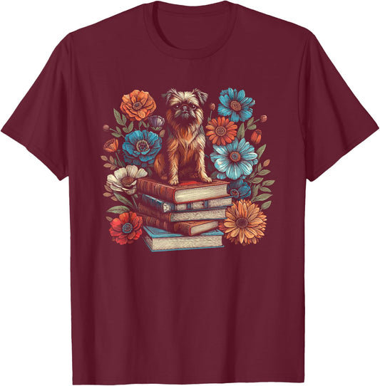 Flower Book Reader Brussels Griffon - Floral Cottagecore T-Shirt - T-Shirt | Maroon