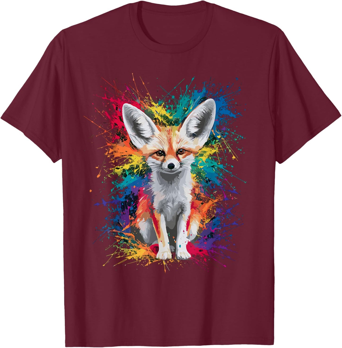 Colorful Paint Splash Cute Fennec Fox Art Graphic T-Shirt - T-Shirt | Maroon
