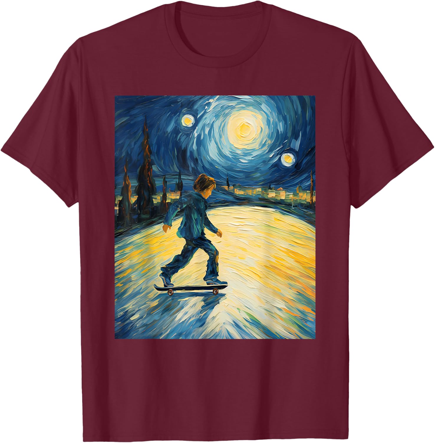 Aesthetic Surrealism Starry Night Boy Skateboarding T-Shirt - T-Shirt | Maroon