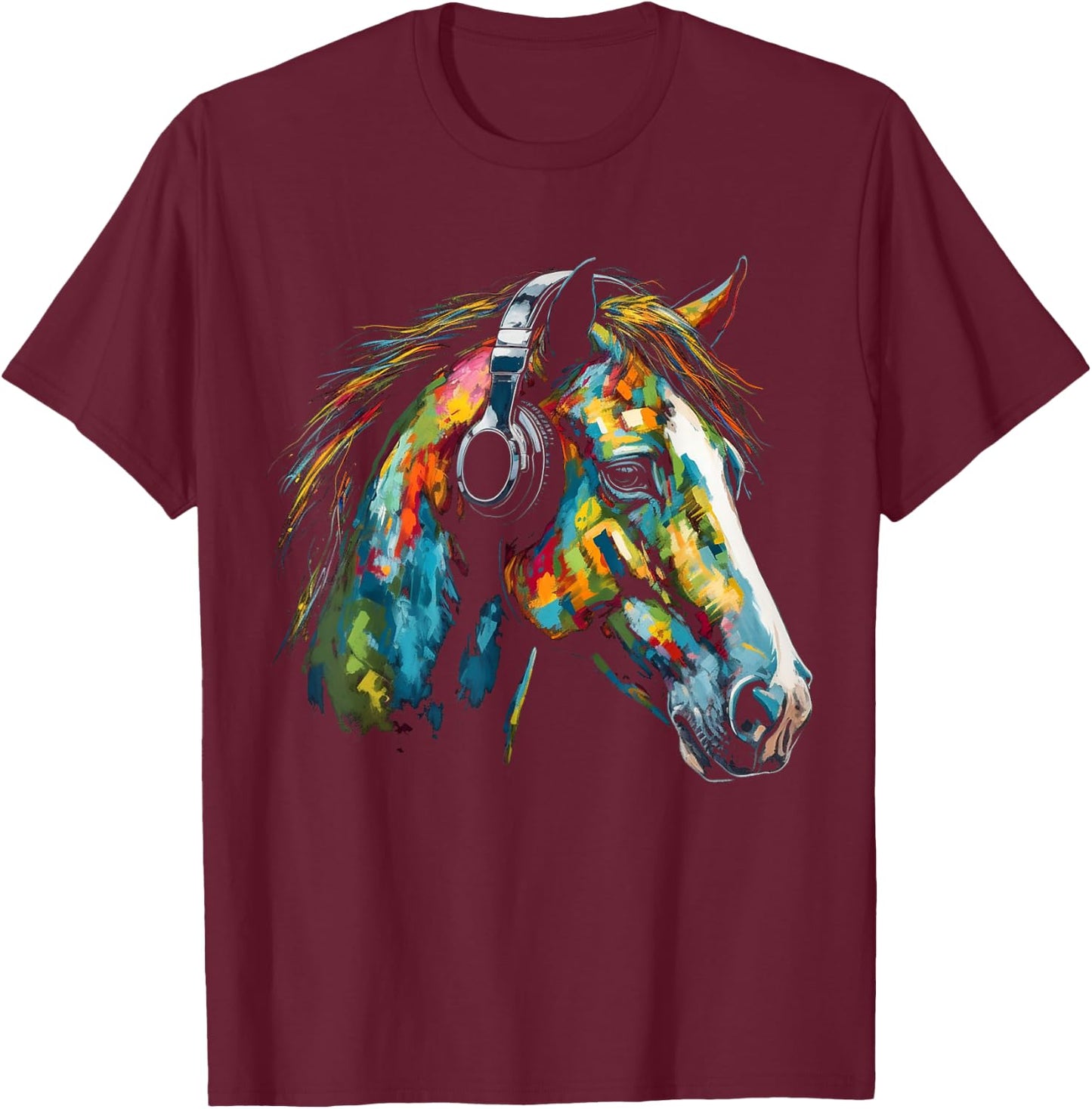 Horse Artwork Colourful Music Animal Headphones Horse T-Shirt - T-Shirt | Maroon
