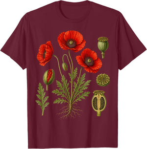 Red Poppy Nature Diagram Vintage Style T-Shirt - T-Shirt | Maroon
