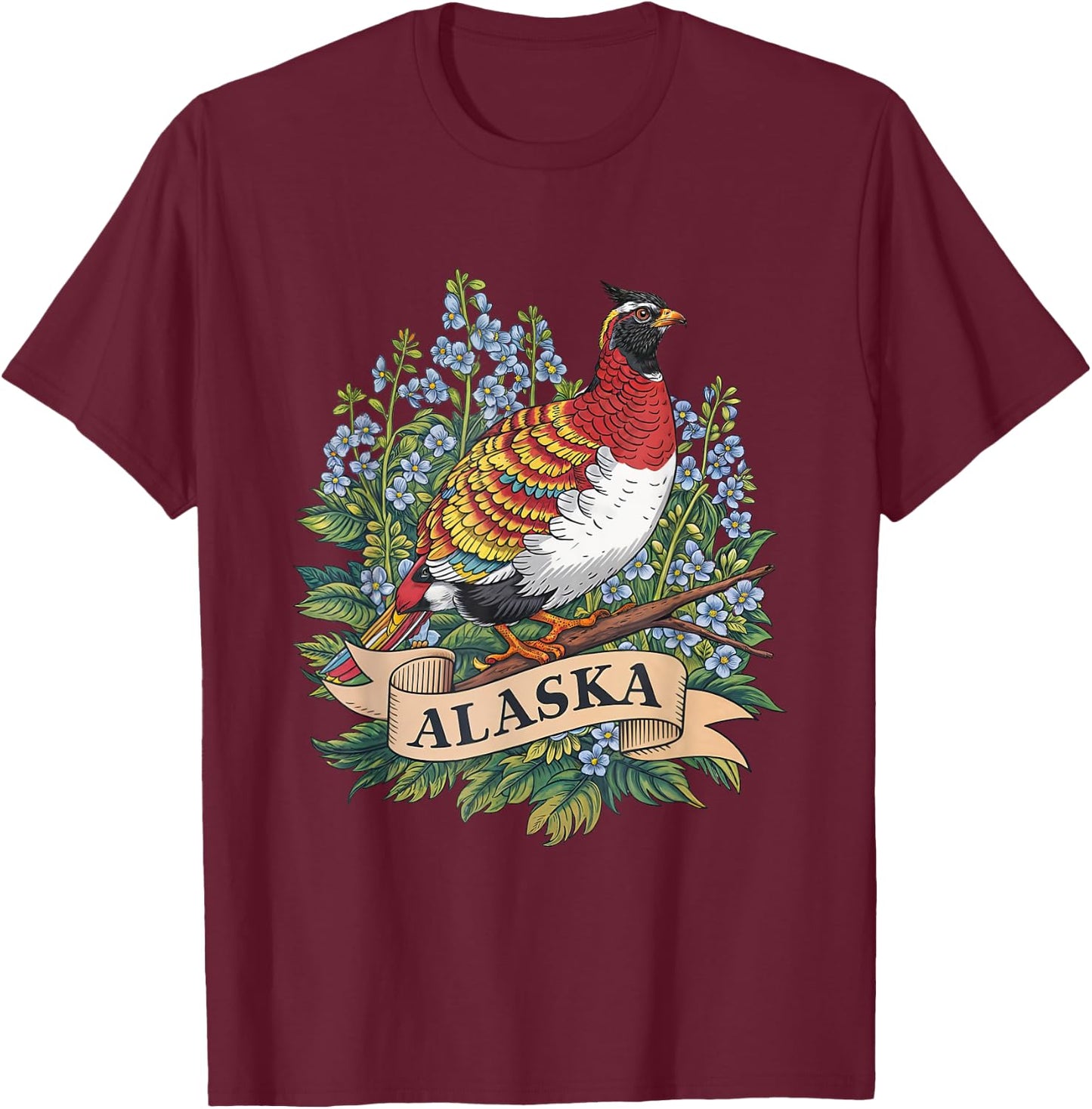Alaska Willow Ptarmigan Bird and Forget-Me-Not Flower T-Shirt - T-Shirt | Maroon