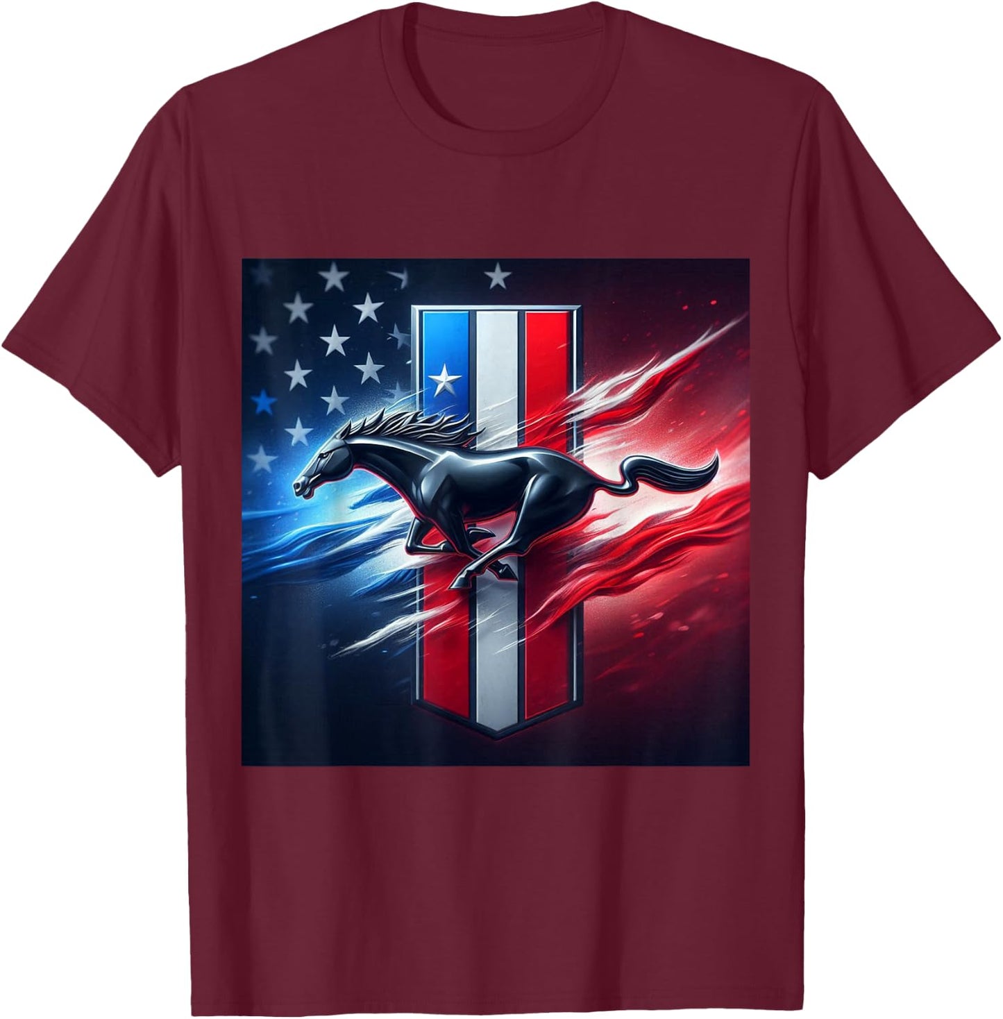 Galloping Mustang on Tri-Bar & Flag Background T-Shirt - T-Shirt | Maroon
