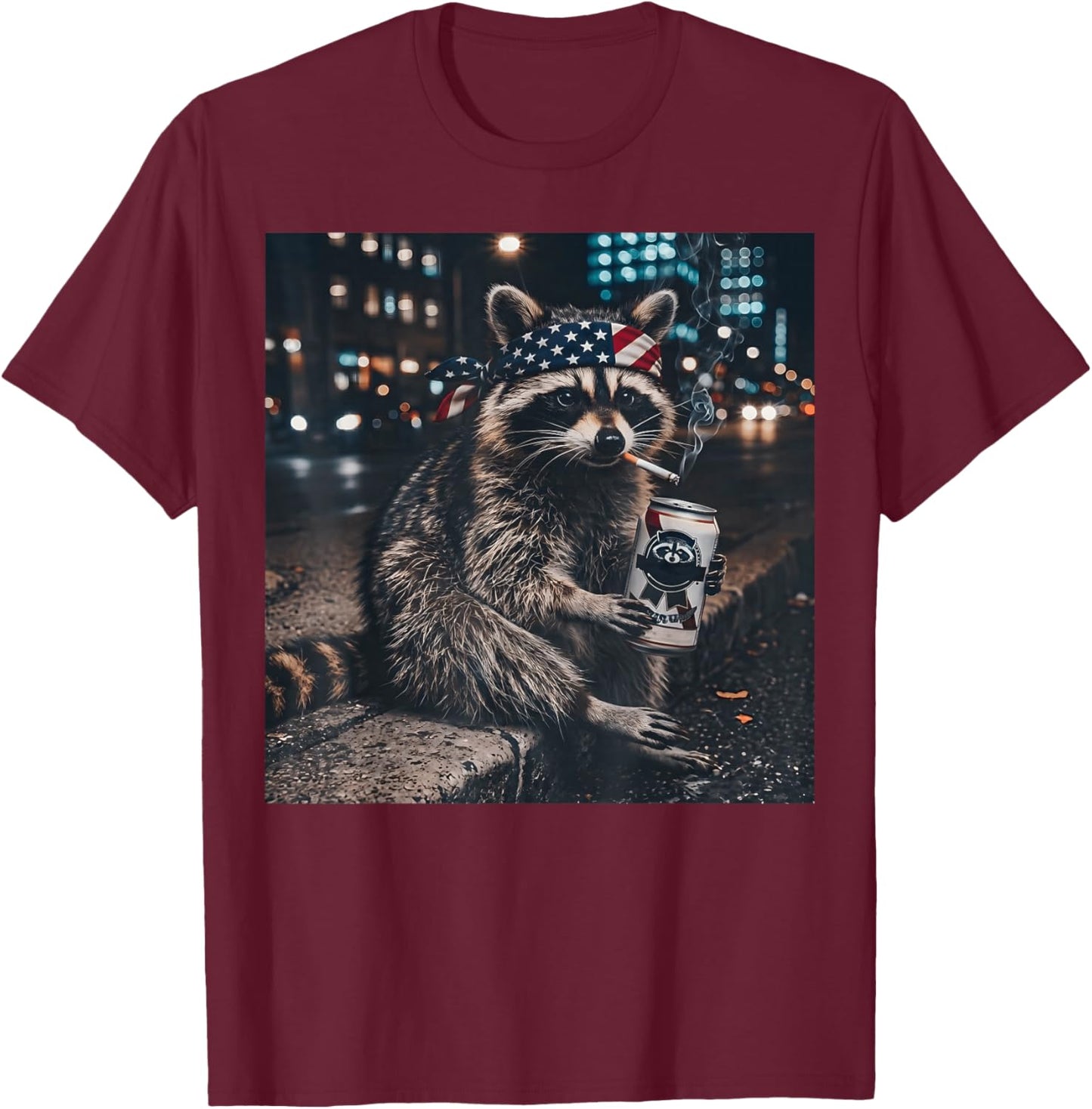 Funny Racoon Drinking Beer Patriotic 4th of July Meme T-Shirt - T-Shirt | Maroon