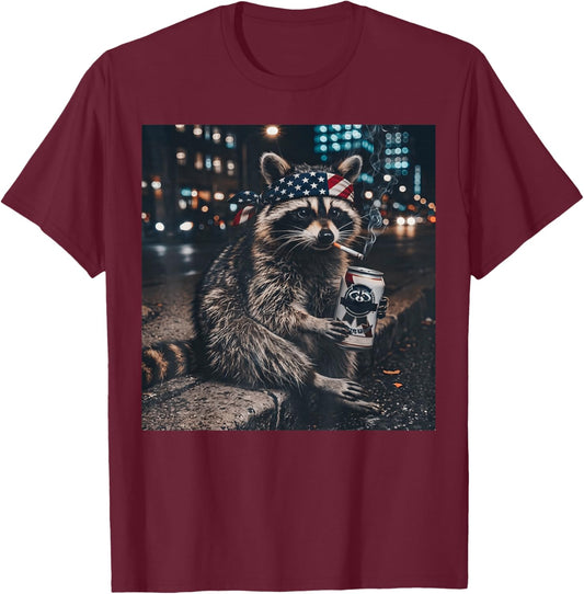 Funny Racoon Drinking Beer Patriotic 4th of July Meme T-Shirt - T-Shirt | Maroon