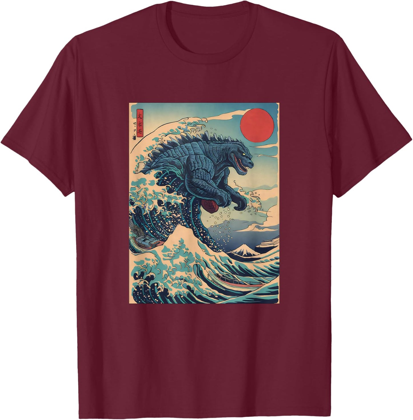 Kaiju Monster Japanese Style Art Great Wave Off Kanagawa T-Shirt - T-Shirt | Maroon