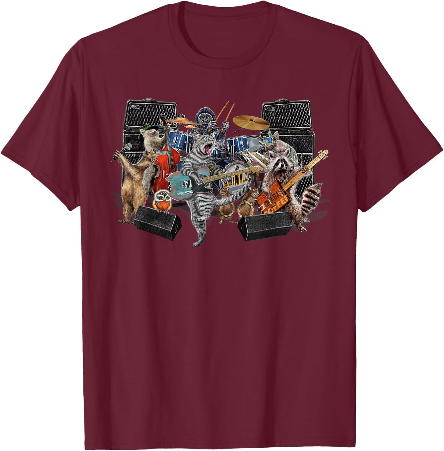 Animals Musicians Music Cats Dogs Raccoon Animalz Band Art T-Shirt - T-Shirt | Maroon