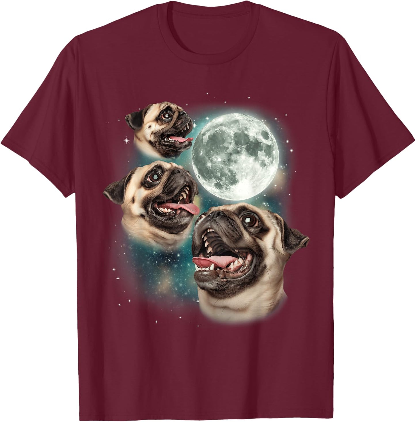 Three Pug Moon | 3 Pug Howling Funny Cute Dog Lover T-Shirt - T-Shirt | Maroon