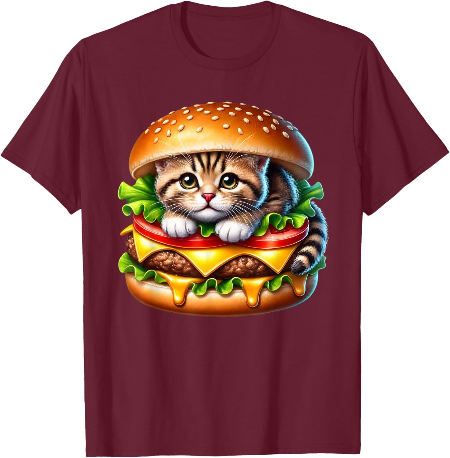 Funny Fast Food Cat Burger Lover Cute Cats Cheeseburger Women Kids T-Shirt - T-Shirt | Maroon