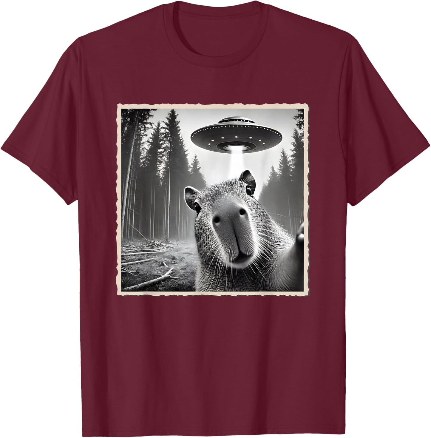 Funny Capybara Selfie With UFO | Capybara T-Shirt - T-Shirt | Maroon