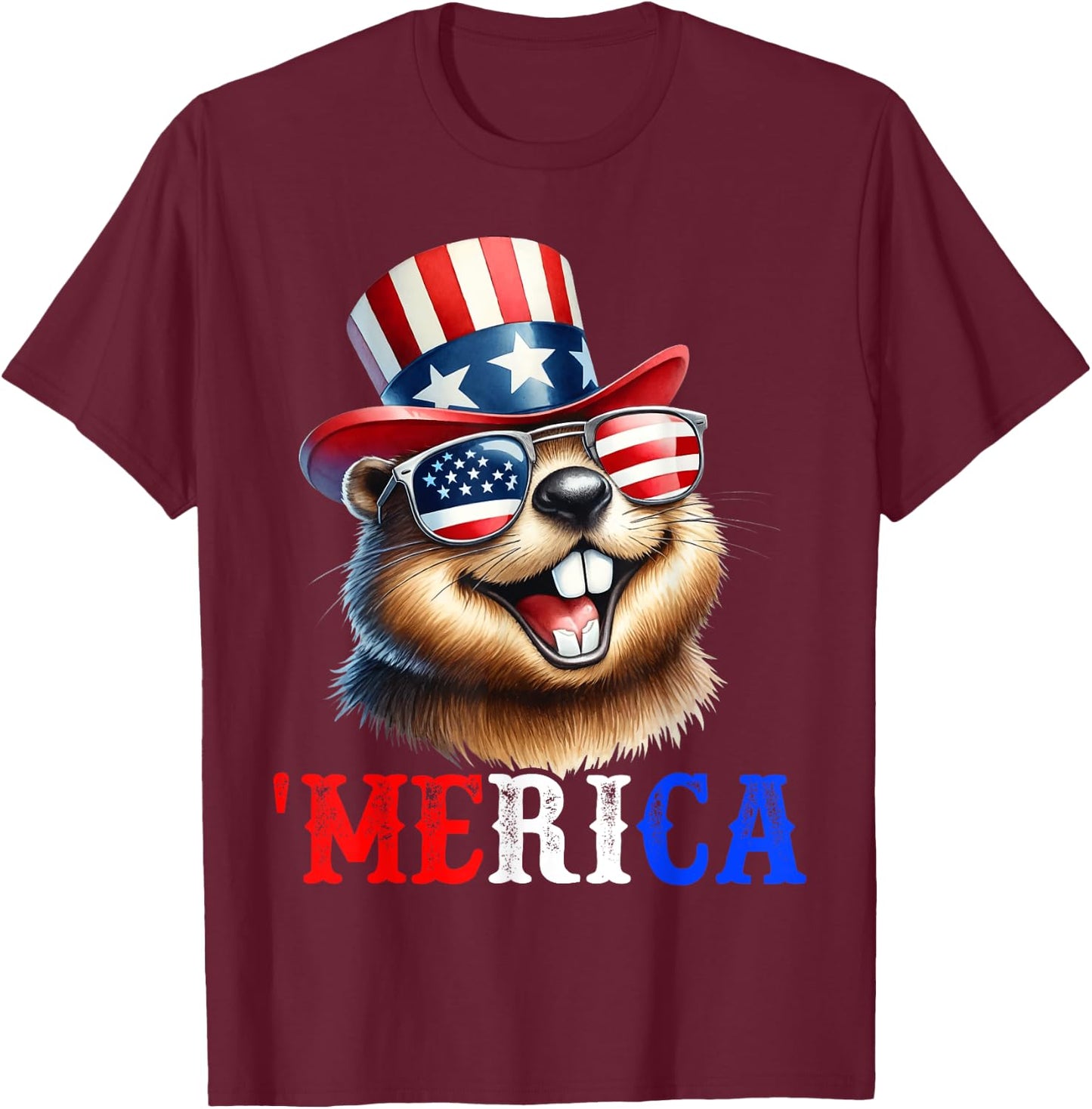 Merica North American Beaver Patriotic 4th of July Men Women T-Shirt - T-Shirt | Maroon