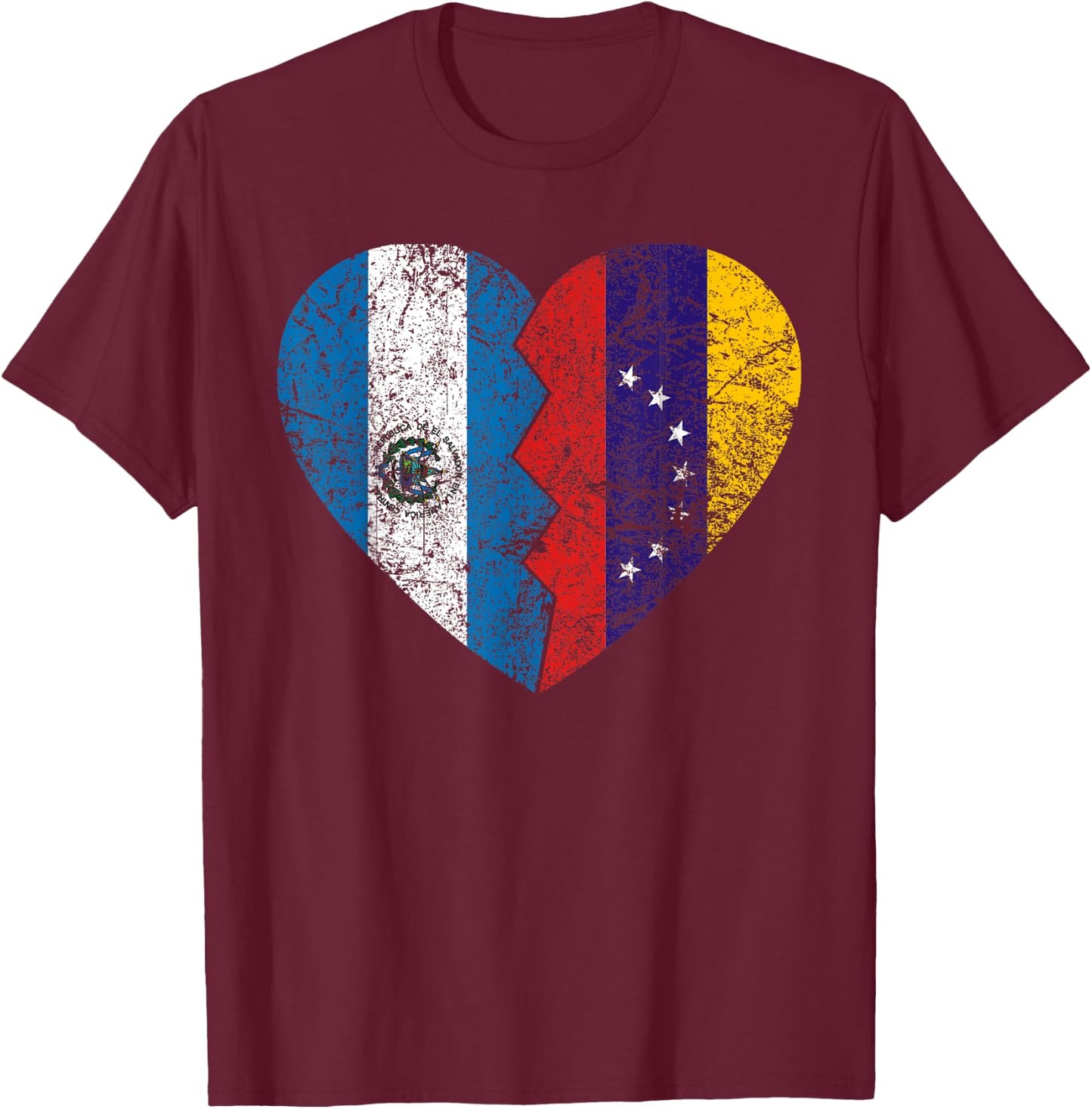 Venezuelan Salvadoran Flags Heart | El Salvador Venezuela T-Shirt - T-Shirt | Maroon