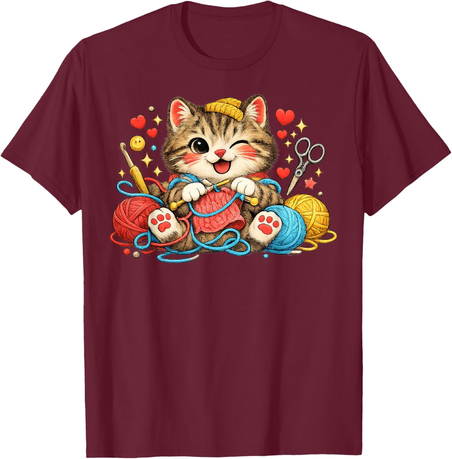 Funny Knitting Cat Crochet Yarn Lover Cute Cat Design T-Shirt - T-Shirt | Maroon