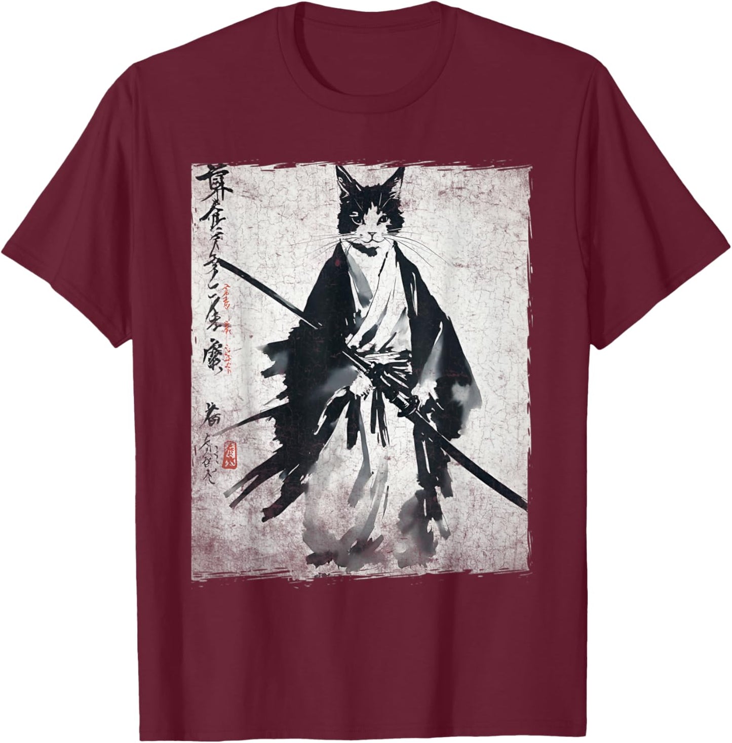 Samurai Cat Ukiyo-e Warrior Art Vintage Ninja Cat Graphic T-Shirt - T-Shirt | Maroon
