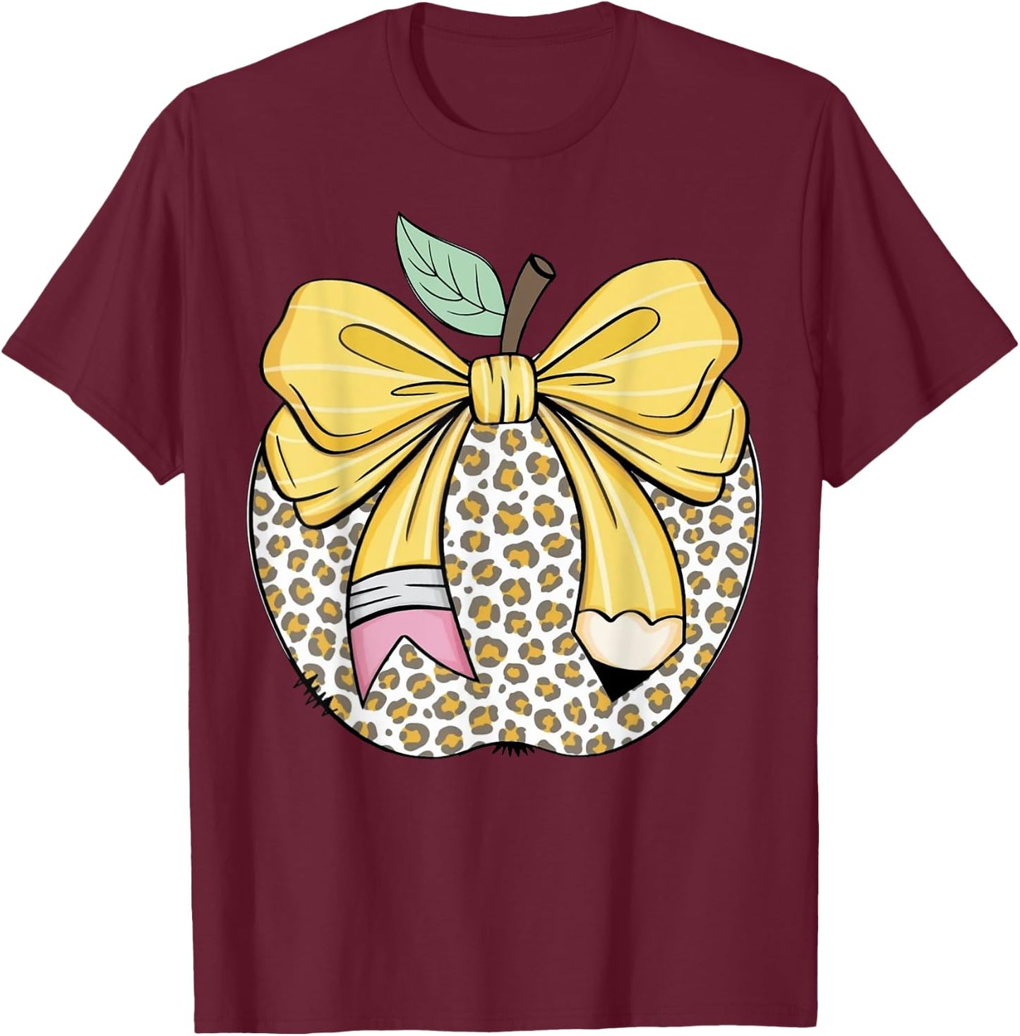 Teacher Coquette Pencil Bow And Apple Teacher T-Shirt - T-Shirt | Maroon
