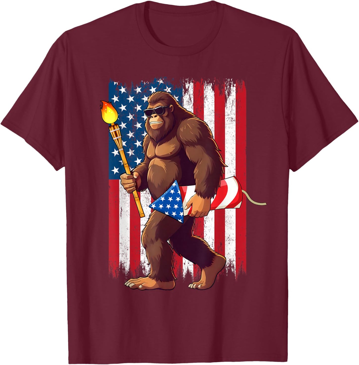 Bigfoot Fireworks 4th of July Sasquatch American US Flag Men T-Shirt - T-Shirt | Maroon