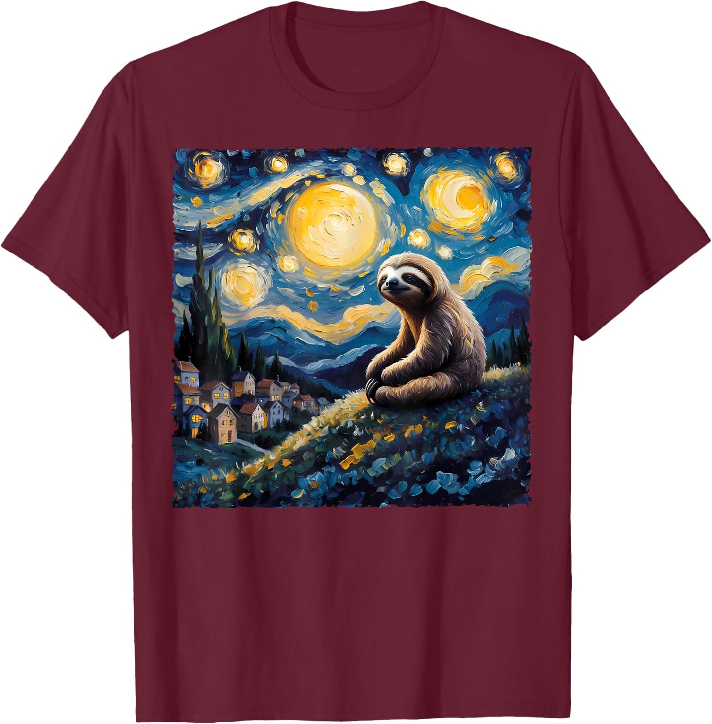 Van Gogh Style Funny Sloth Lover The Starry Night Painting T-Shirt - T-Shirt | Maroon