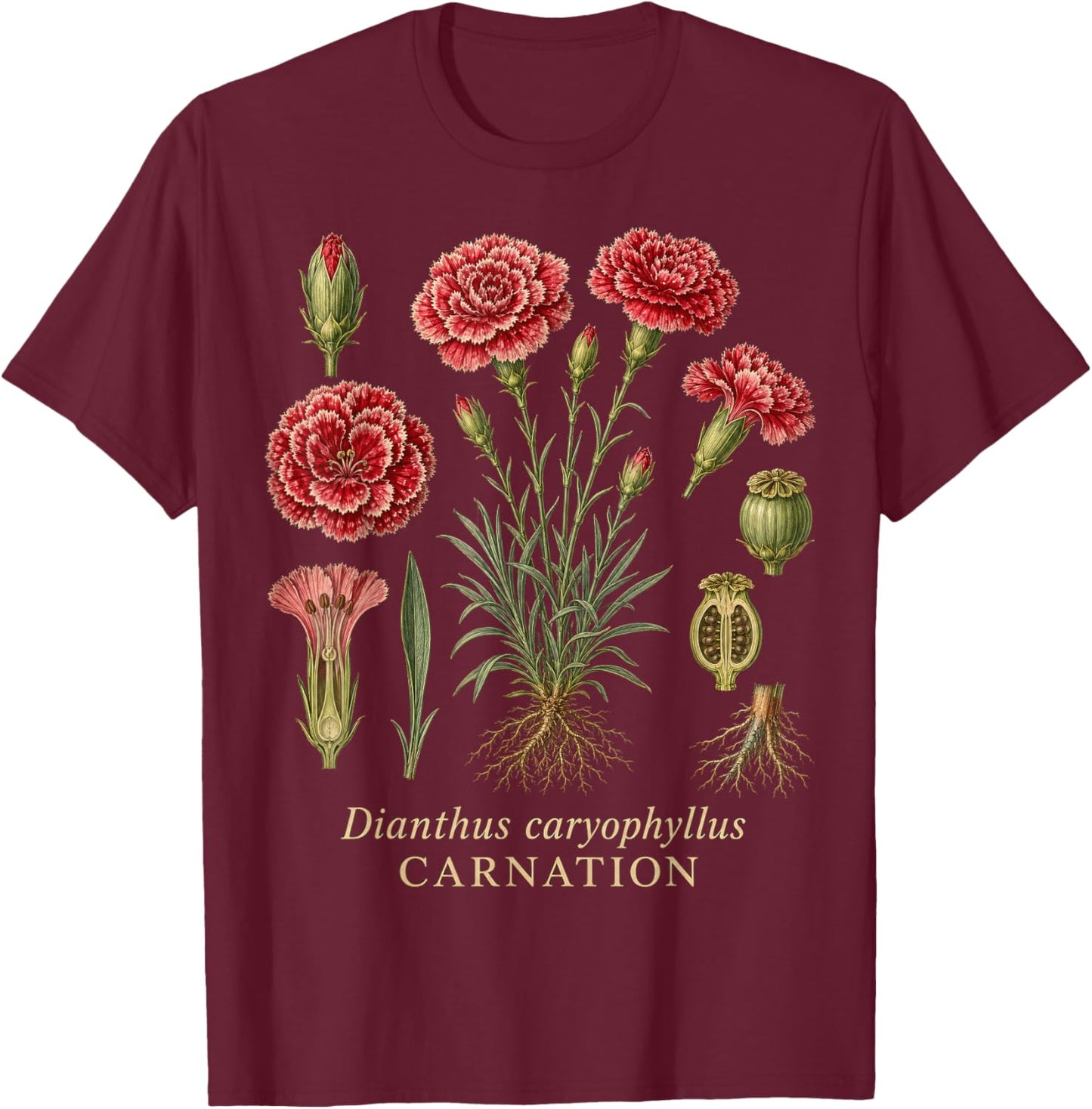 Carnation Botanical Flower Vintage Style T-Shirt - T-Shirt | Maroon