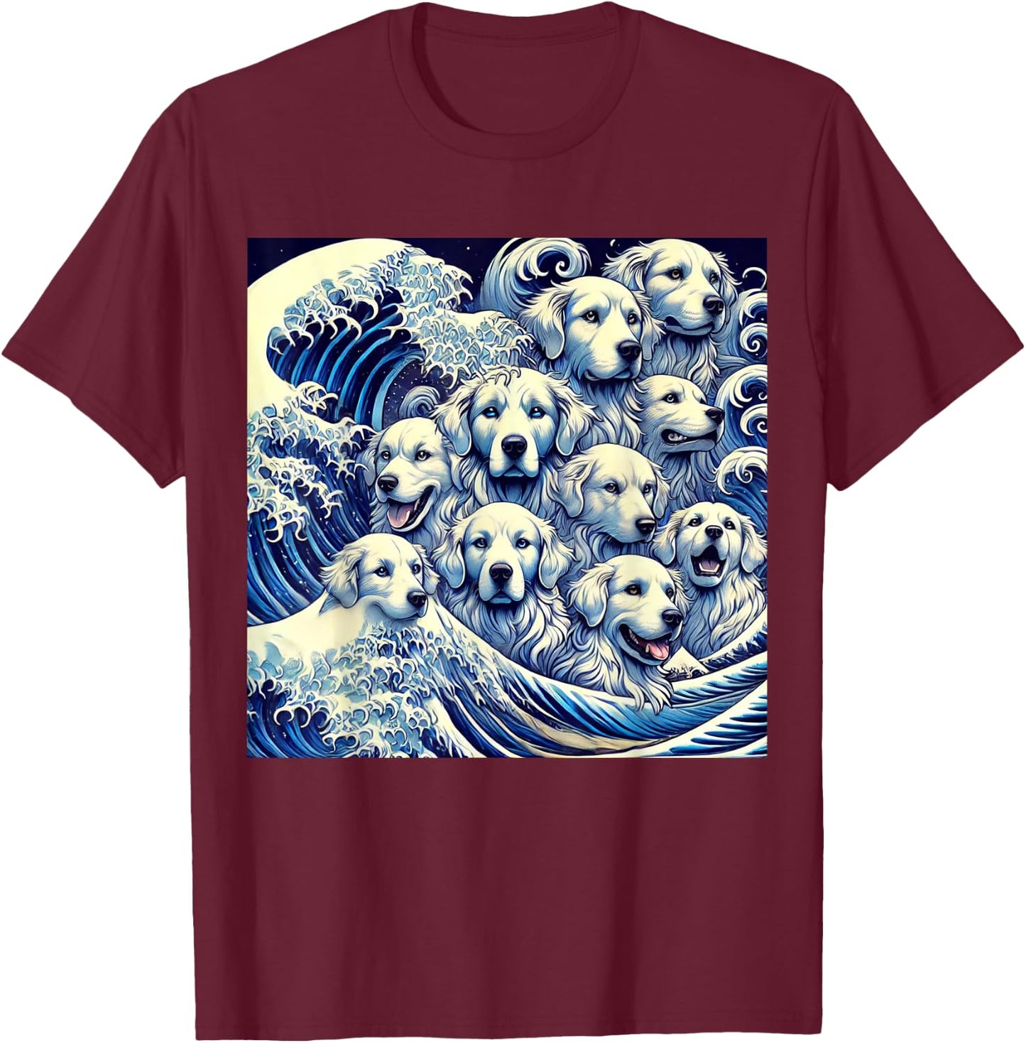 Blue Dogs Wave Japanese Art Women Men Kids Anime Graphic T-Shirt - T-Shirt | Maroon