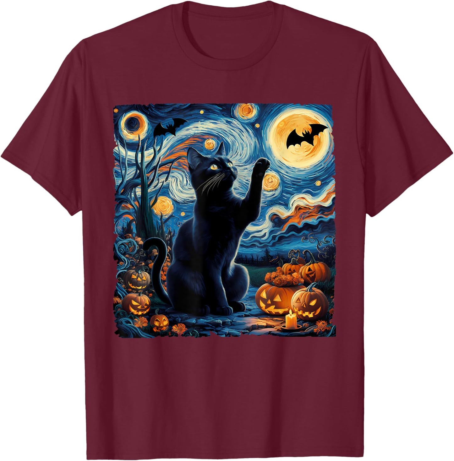 Halloween Van Gogh' Starry Night Black Cat Pumpkins Bats Women Kids T-Shirt - T-Shirt | Maroon